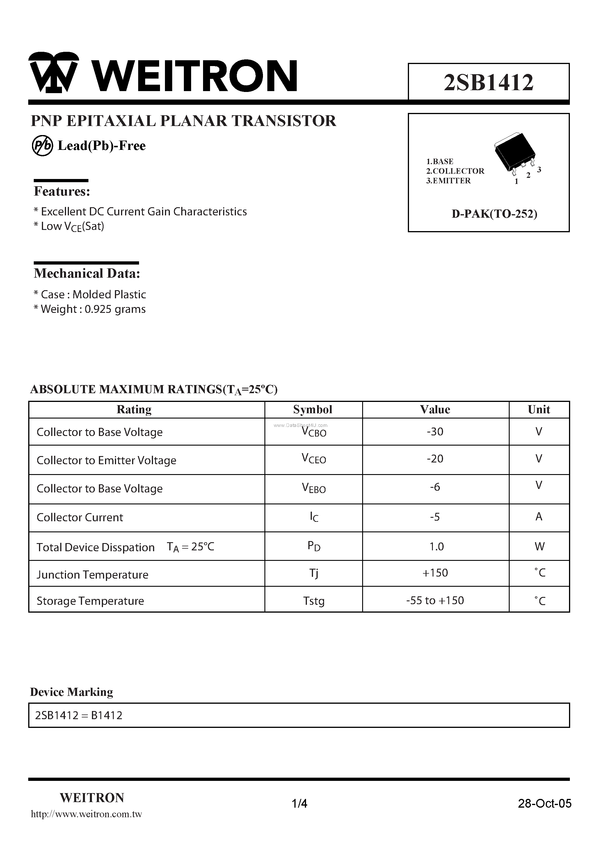 Datasheet 2SB1412 page 1 Datasheet 2SB1412 - PNP EPITAXIAL PLANAR TRANSISTOR page 1
