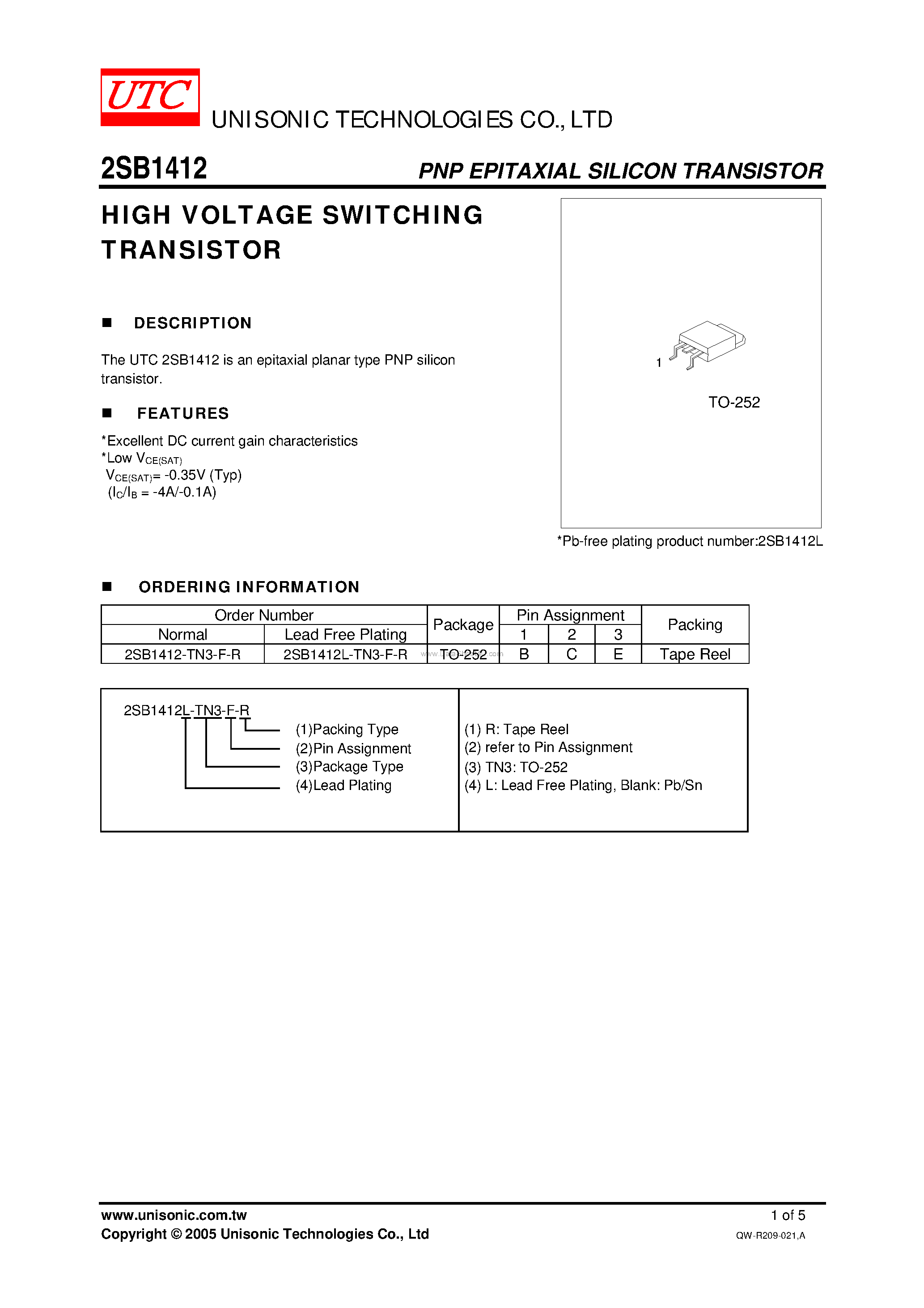 Datasheet 2SB1412 page 1 Datasheet 2SB1412 - HIGH VOLTAGE SWITCHING TRANSISTOR page 1