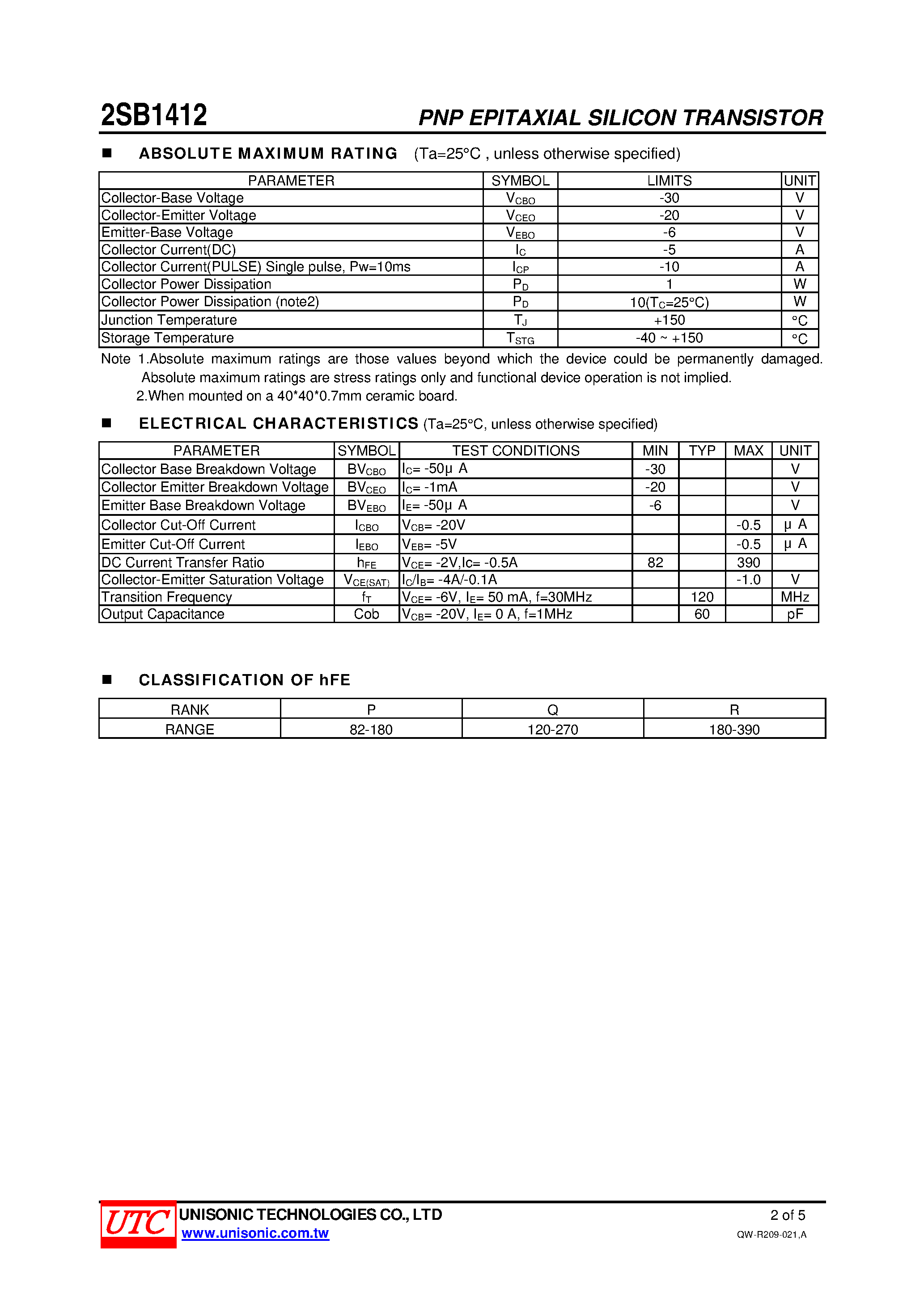 Datasheet 2SB1412 page 2 Datasheet 2SB1412 - HIGH VOLTAGE SWITCHING TRANSISTOR page 2