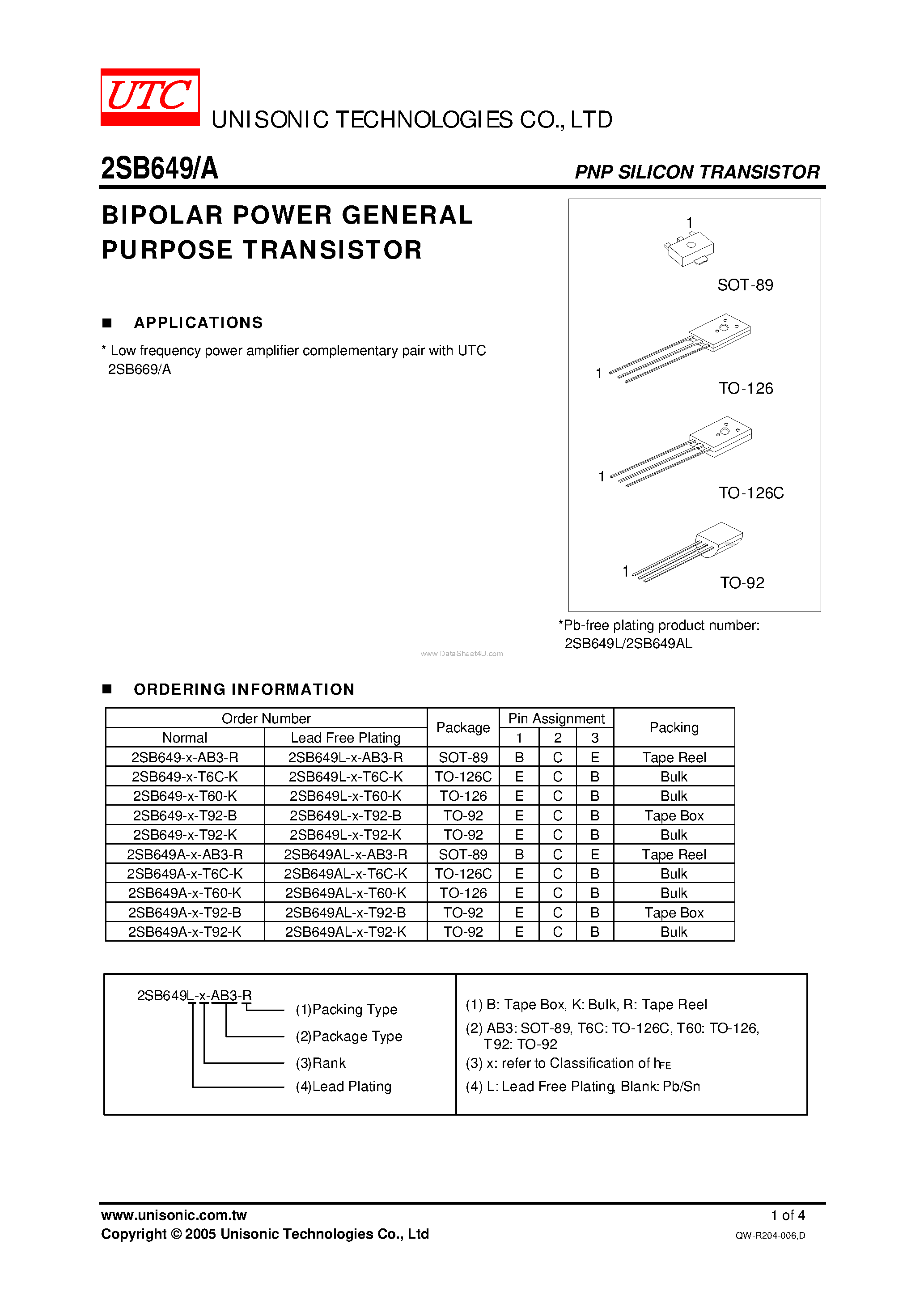 Datasheet 2SB649 page 1 Datasheet 2SB649 - BIPOLAR POWER GENERAL PURPOSE TRANSISTOR page 1