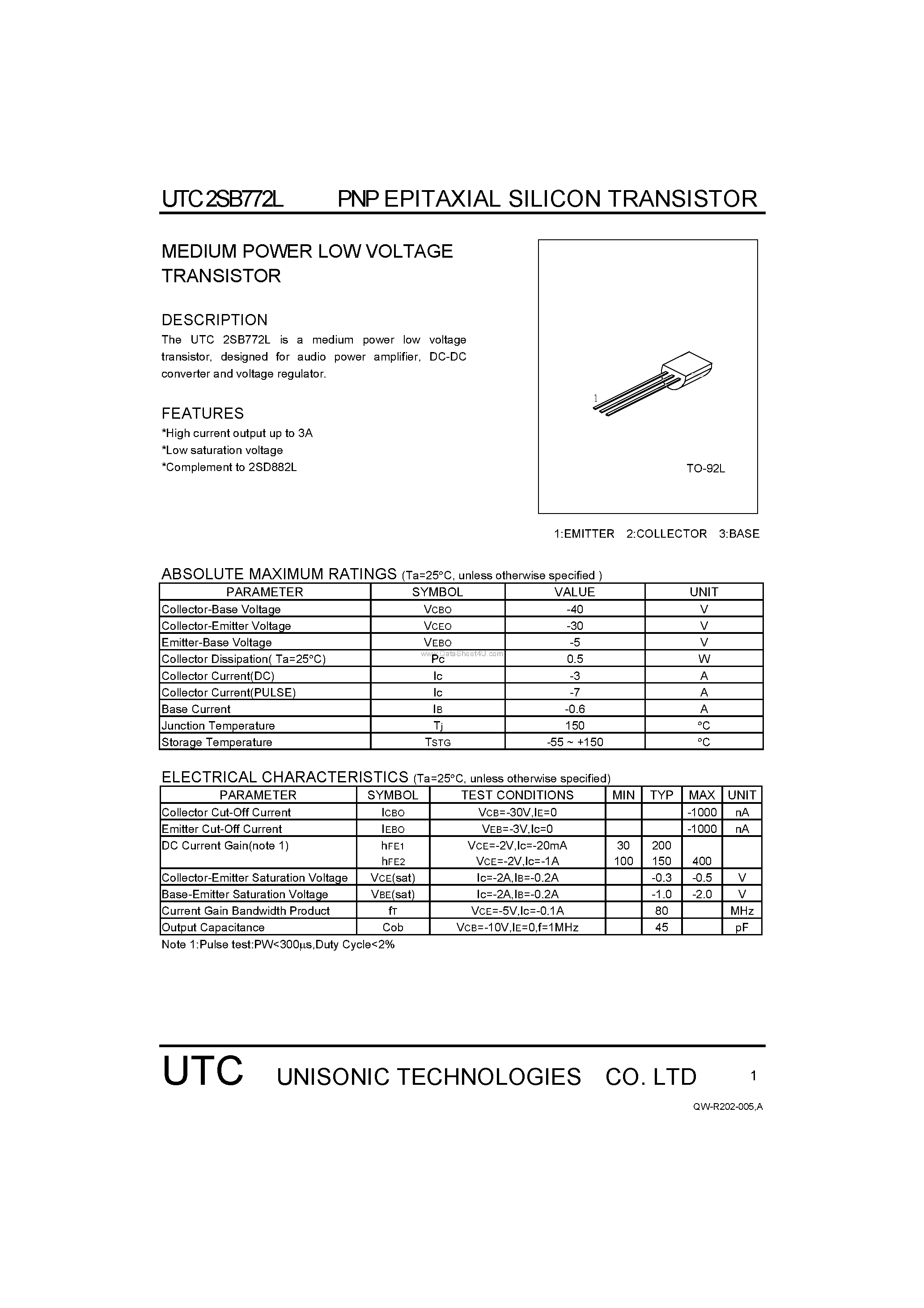 Даташит на микросхему 2SB772L страница 1 Даташит 2SB772L - MEDIUM POWER LOW VOLTAGE TRANSISTOR страница 1