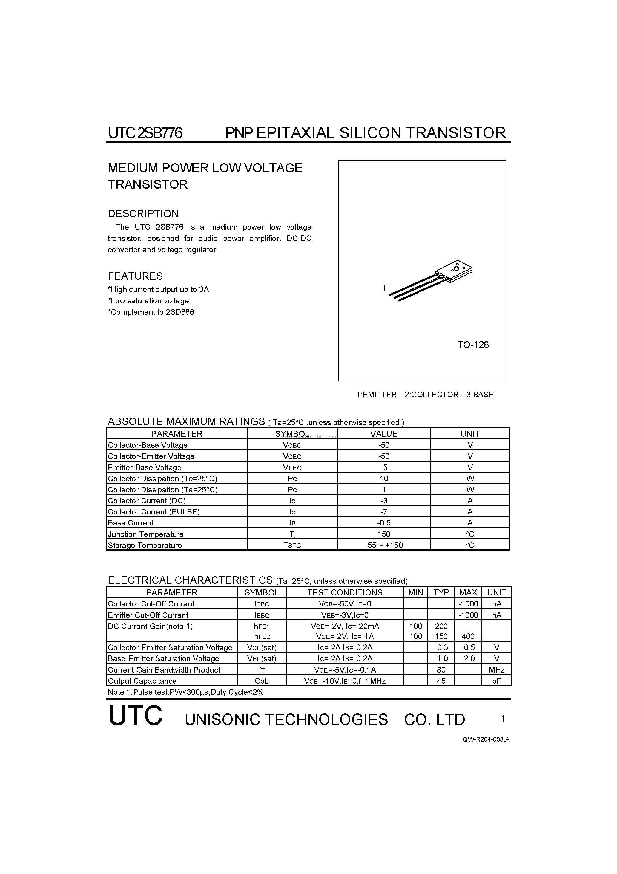 Даташит 2SB776 - MEDIUM POWER LOW VOLTAGE TRANSISTOR страница 1