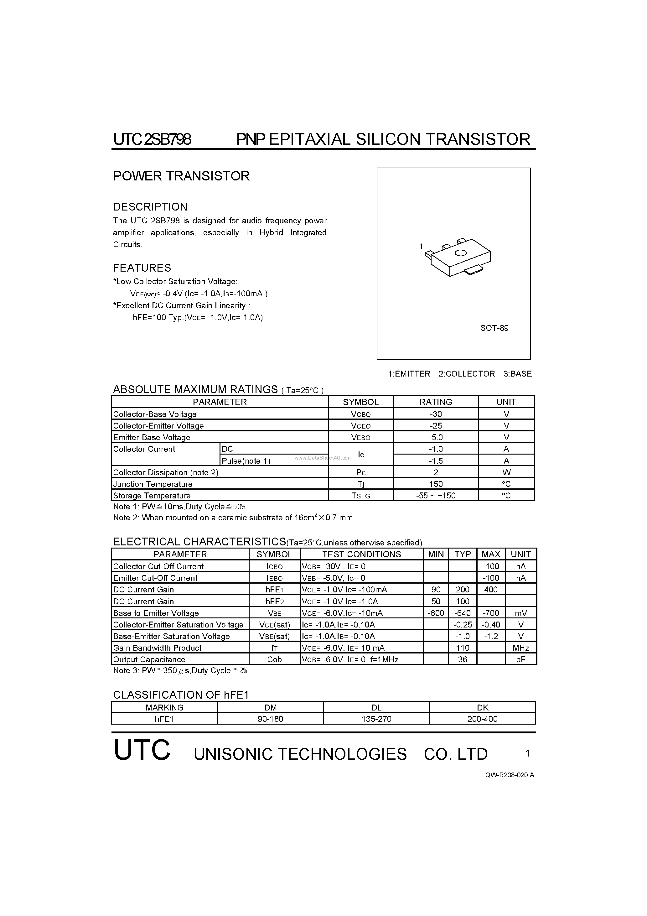 Даташит 2SB798 - POWER TRANSISTOR страница 1