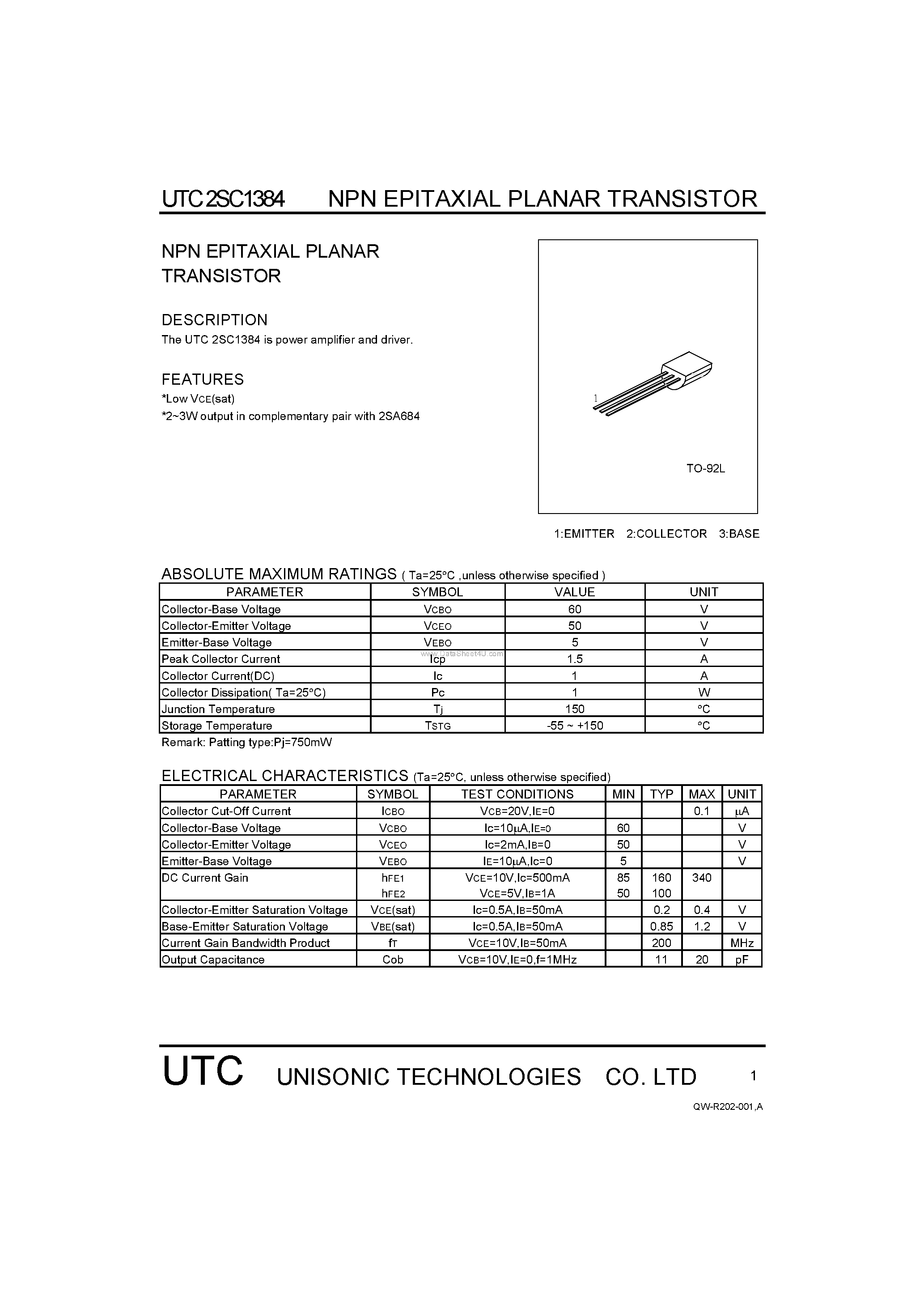 Datasheet 2SC1384 - NPN EPITAXIAL PLANAR TRANSISTOR page 1