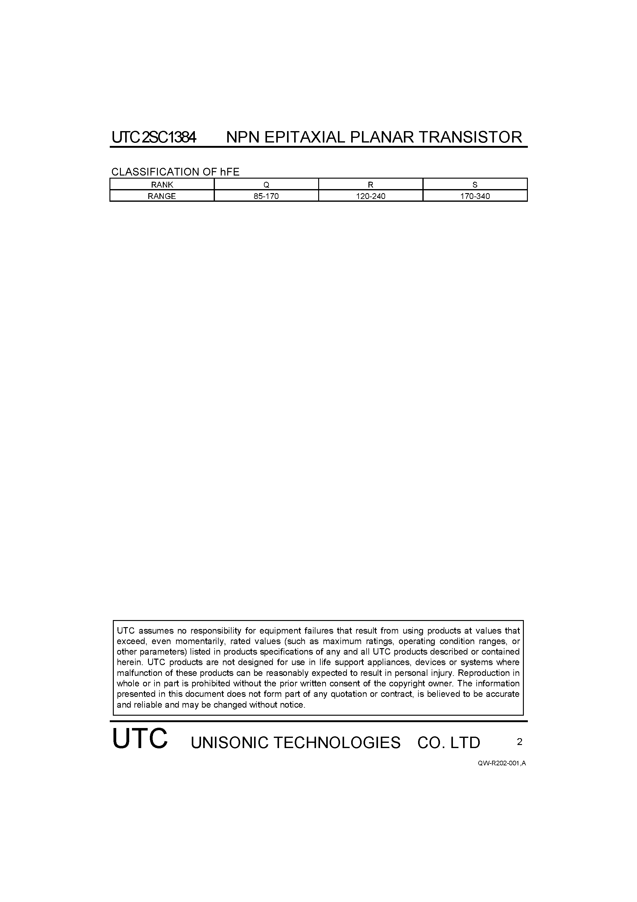 Datasheet 2SC1384 - NPN EPITAXIAL PLANAR TRANSISTOR page 2