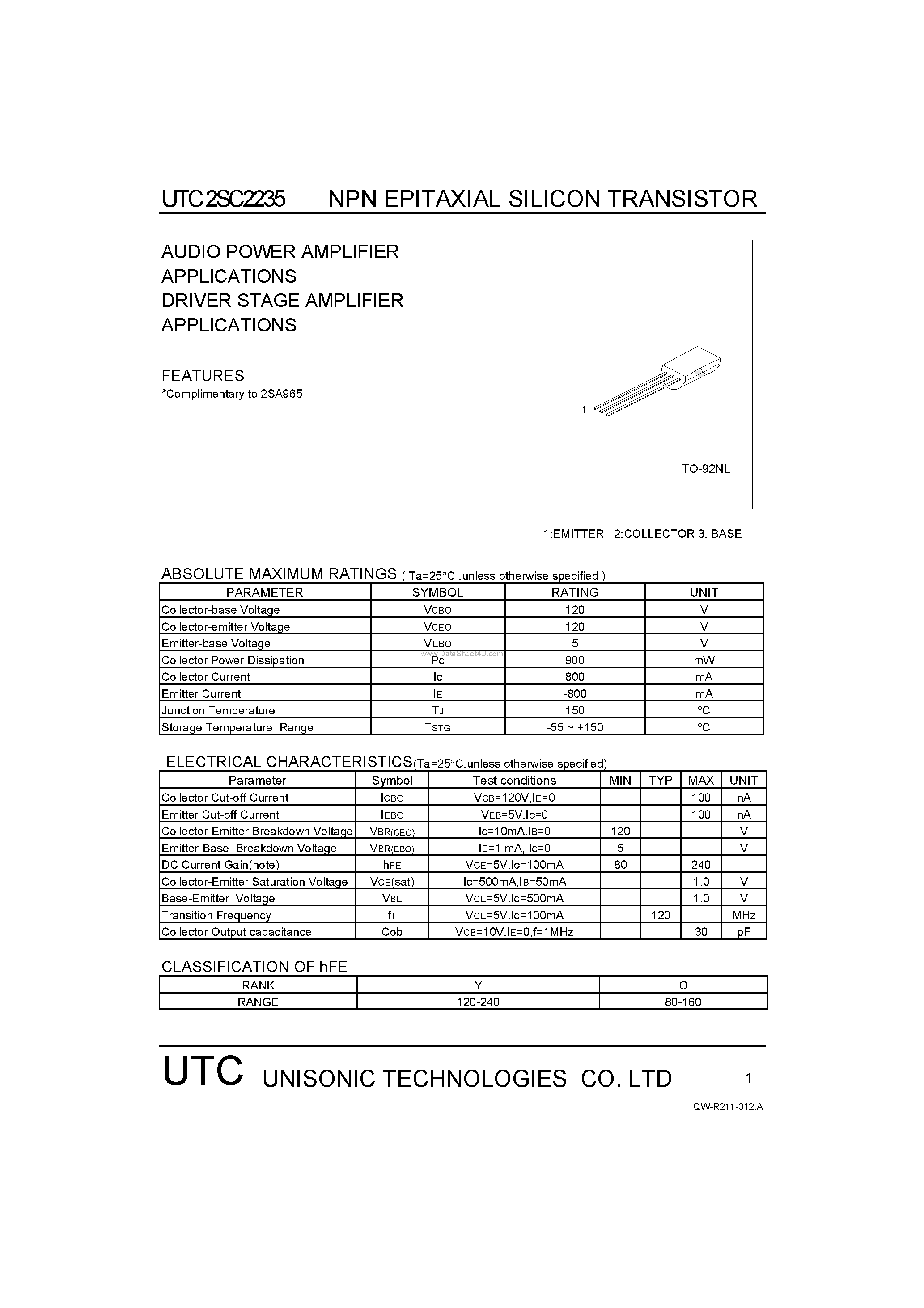 Datasheet 2SC2235 page 1 Datasheet 2SC2235 - AUDIO POWER AMPLIFIER APPLICATIONS DRIVER STAGE AMPLIFIER APPLICATIONS page 1