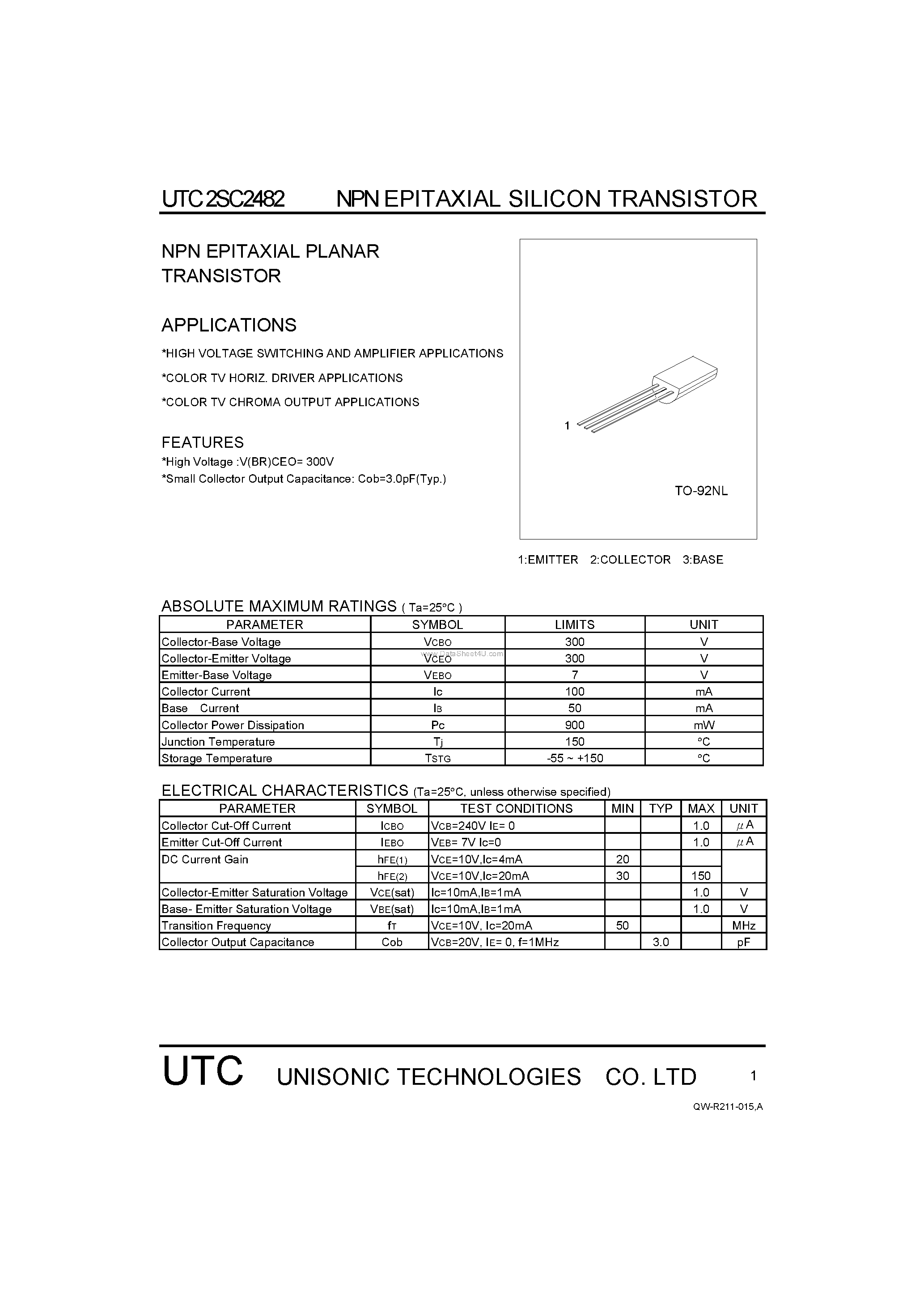 Datasheet 2SC2482 page 1 Datasheet 2SC2482 - NPN EPITAXIAL PLANAR TRANSISTOR page 1