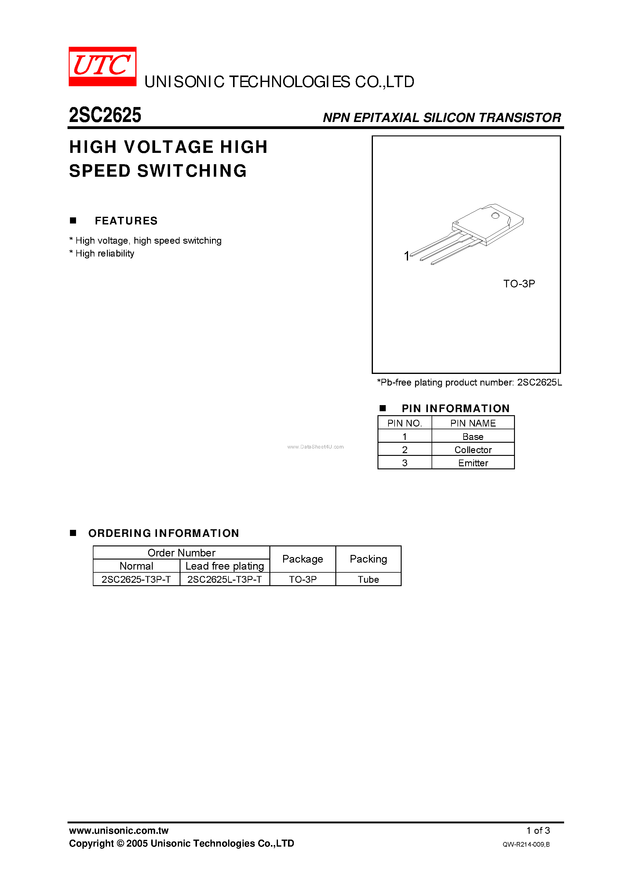 Datasheet 2SC2625 - HIGH VOLTAGE HIGH SPEED SWITCHING page 1