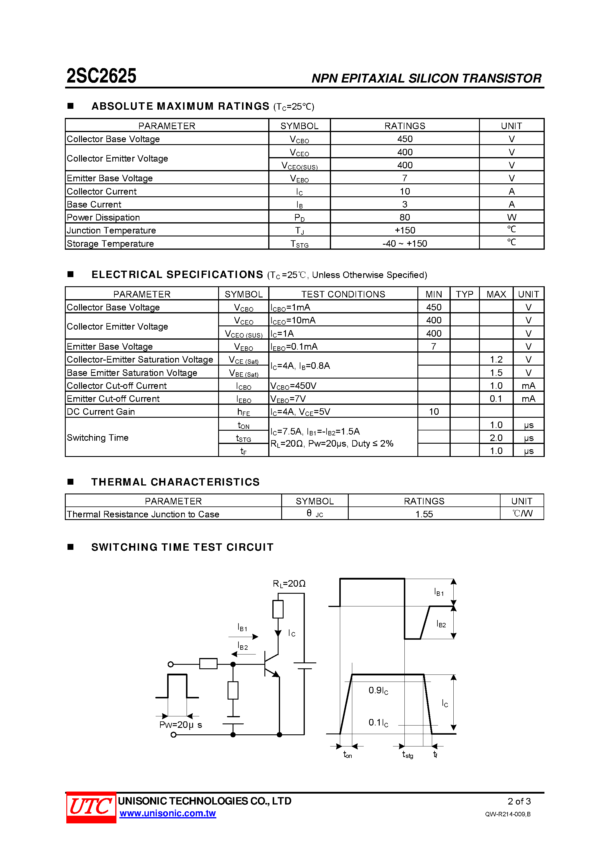 Datasheet 2SC2625 - HIGH VOLTAGE HIGH SPEED SWITCHING page 2