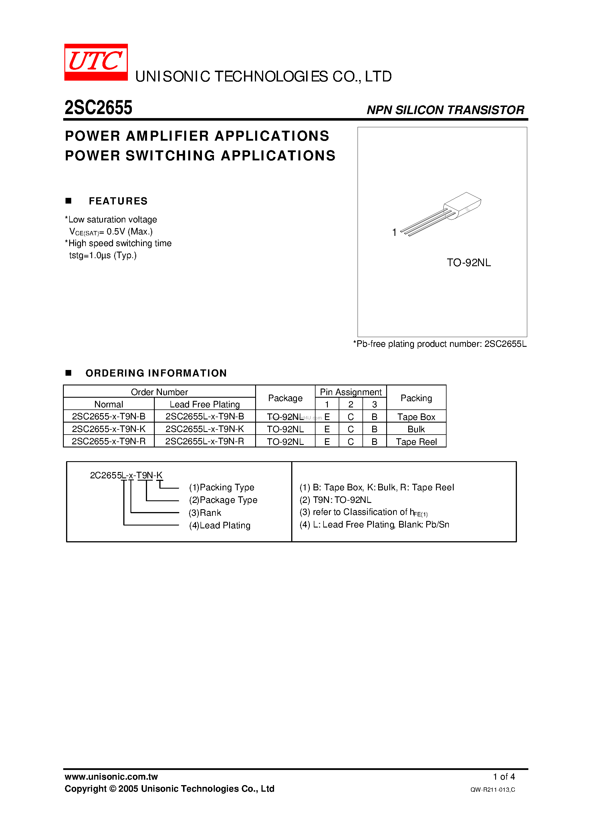 Datasheet 2SC2655 - POWER AMPLIFIER APPLICATIONS POWER SWITCHING APPLICATIONS page 1