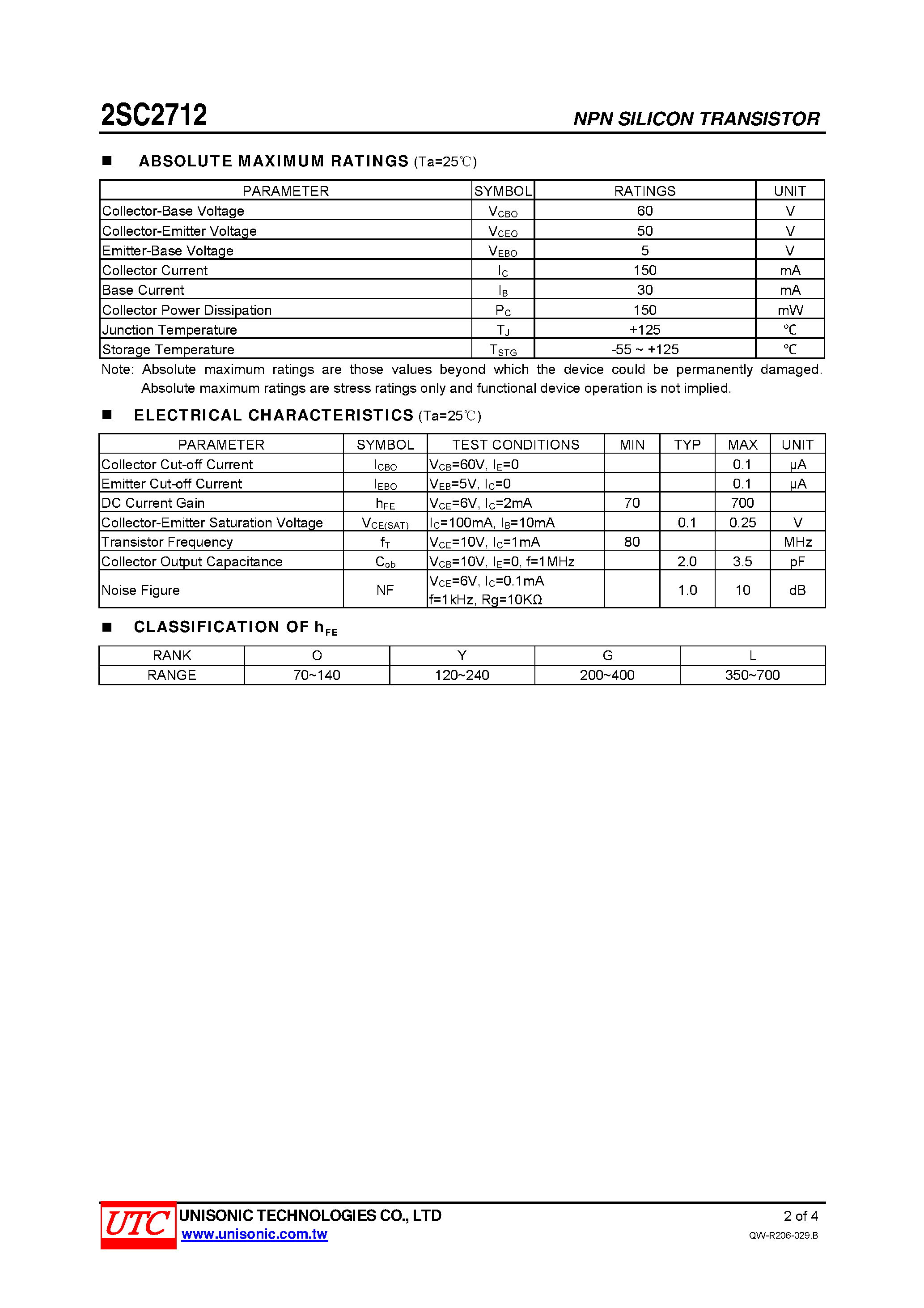 Datasheet 2SC2712 page 2 Datasheet 2SC2712 - AUDIO FREQUENCY AMPLIFIER NPN TRANSISTOR page 2