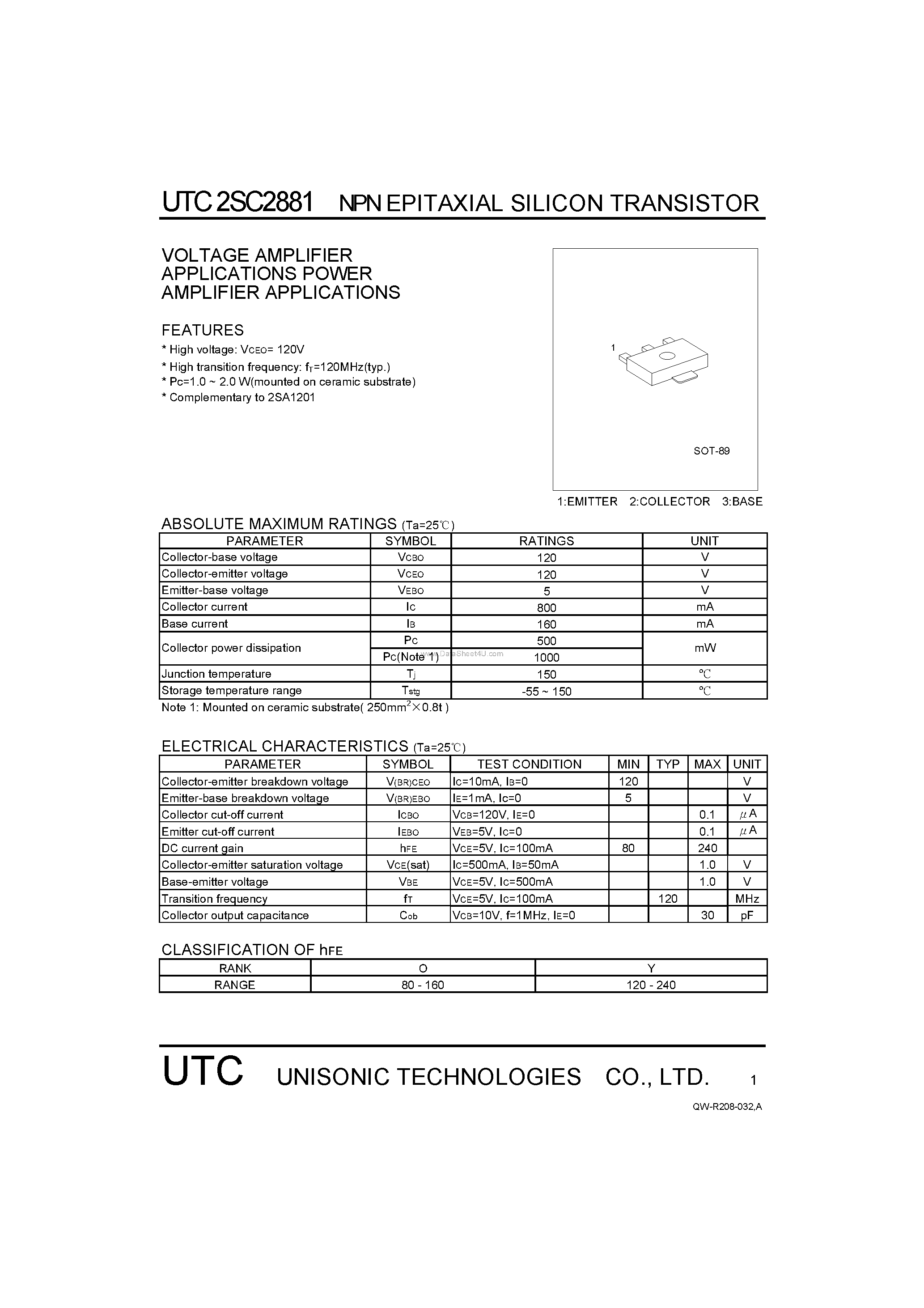 Datasheet 2SC2881 page 1 Datasheet 2SC2881 - VOLTAGE AMPLIFIER APPLICATIONS POWER AMPLIFIER APPLICATIONS page 1
