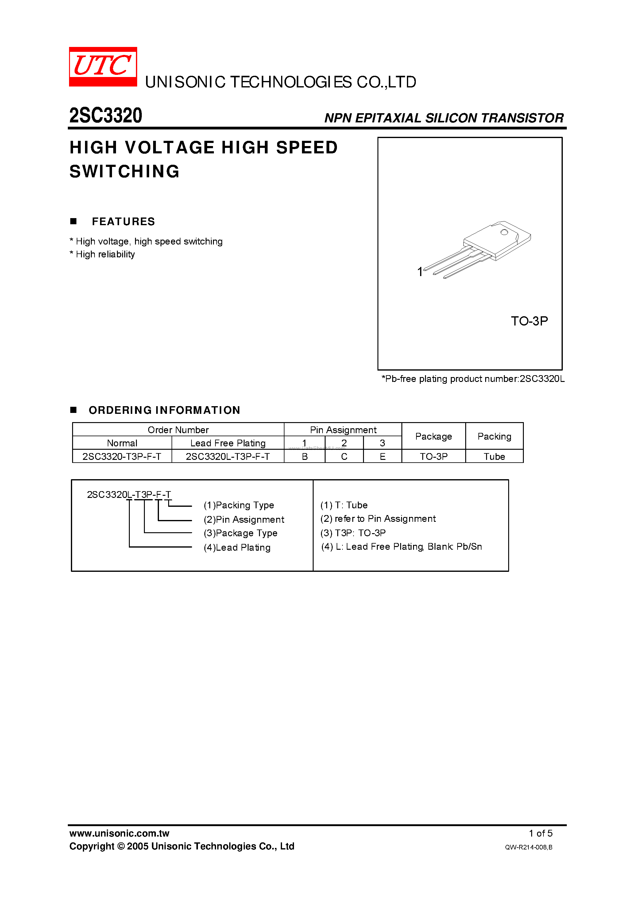 Datasheet 2SC3320 - HIGH VOLTAGE HIGH SPEED SWITCHING page 1