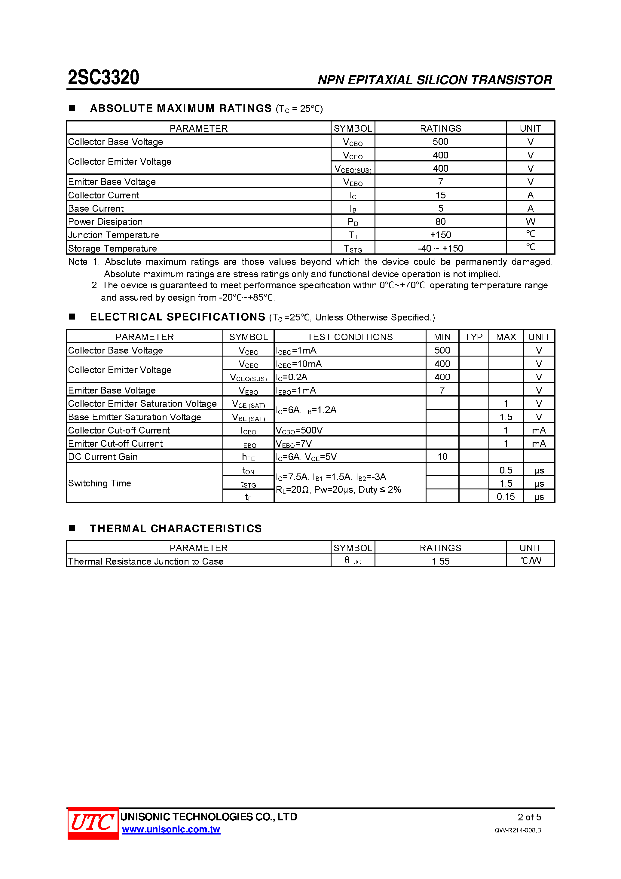 Datasheet 2SC3320 - HIGH VOLTAGE HIGH SPEED SWITCHING page 2