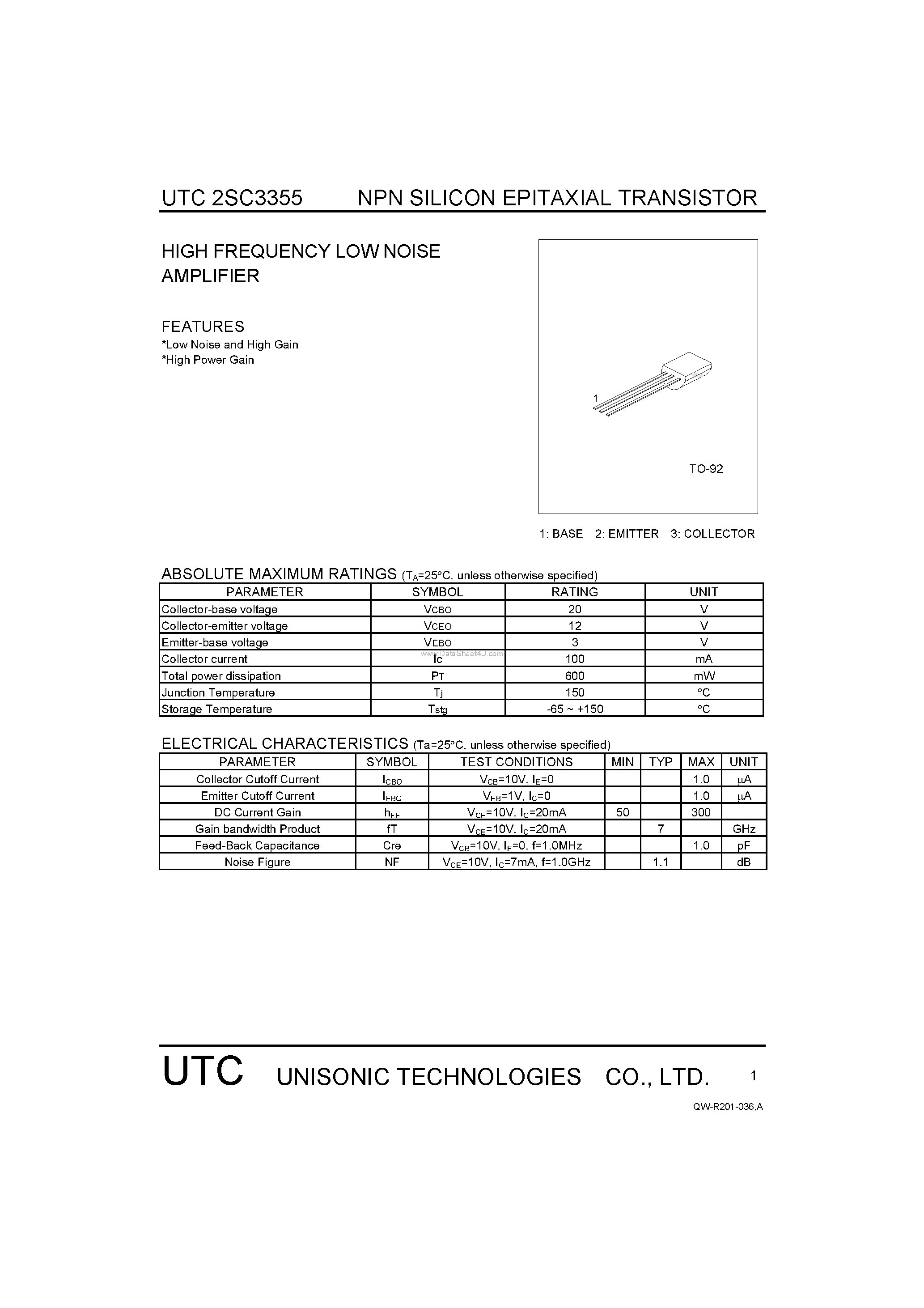 Datasheet 2SC3355 page 1 Datasheet 2SC3355 - HIGH FREQUENCY LOW NOISE AMPLIFIER page 1