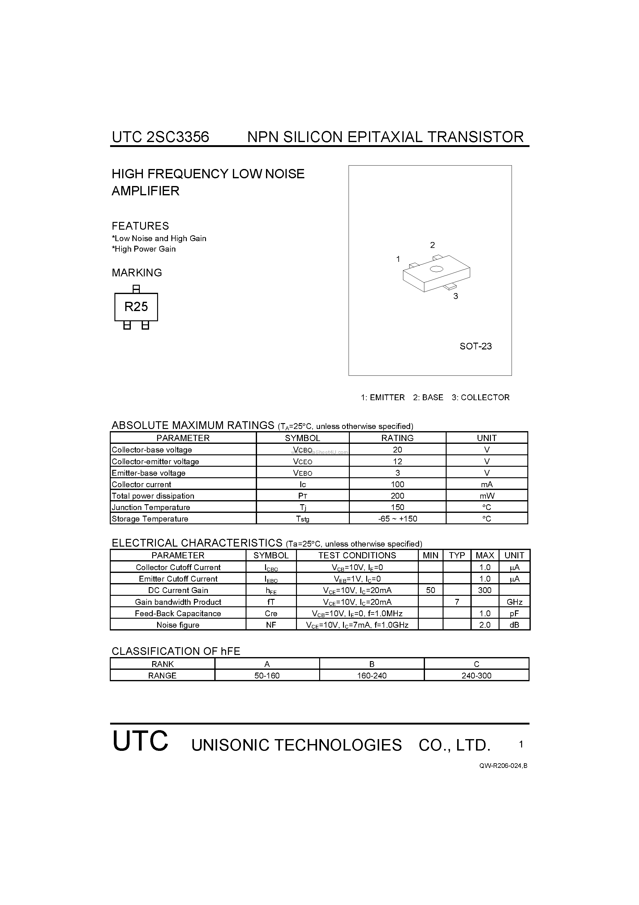 Datasheet 2SC3356 page 1 Datasheet 2SC3356 - HIGH FREQUENCY LOW NOISE AMPLIFIER page 1