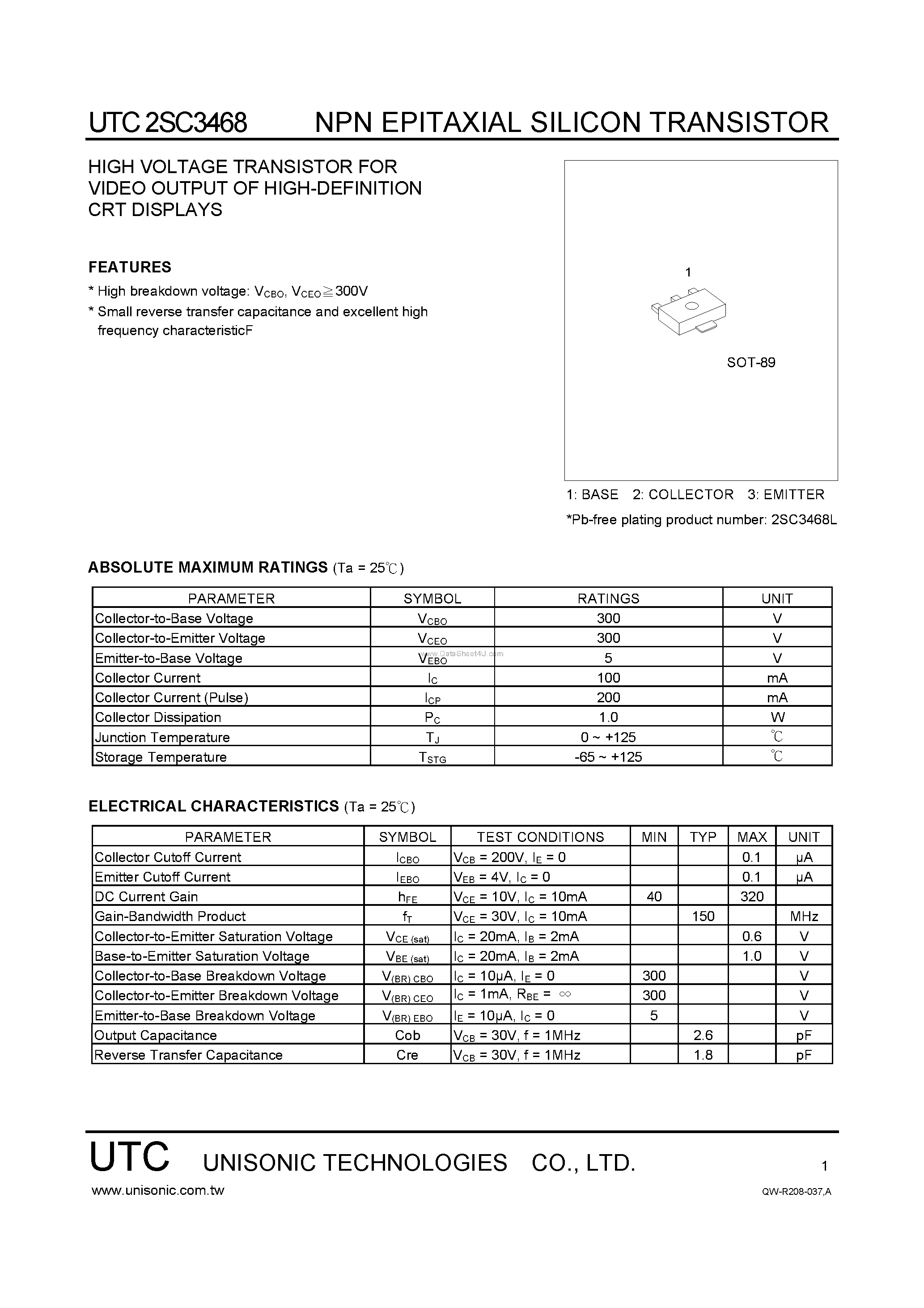 Datasheet 2SC3468 page 1 Datasheet 2SC3468 - HIGH VOLTAGE TRANSISTOR page 1