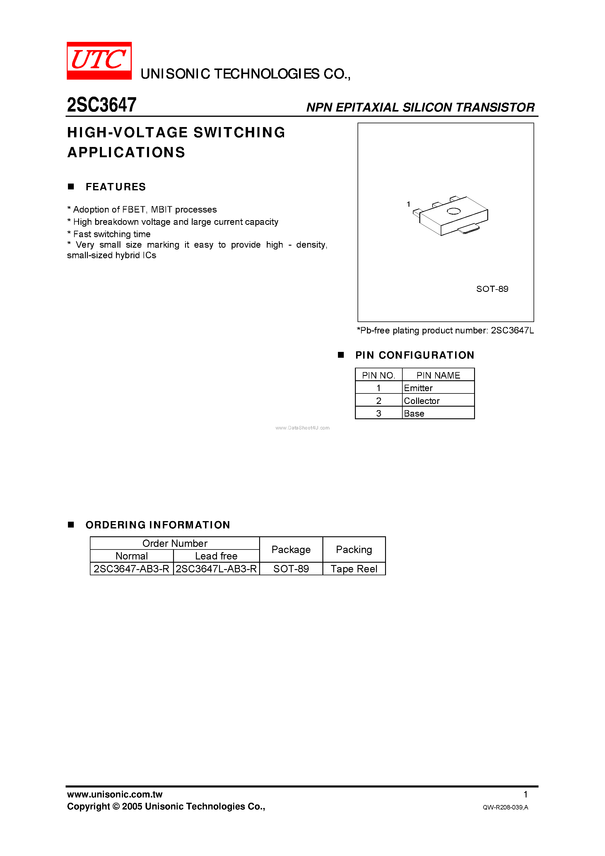 Datasheet 2SC3647 page 1 Datasheet 2SC3647 - HIGH-VOLTAGE SWITCHING APPLICATIONS page 1