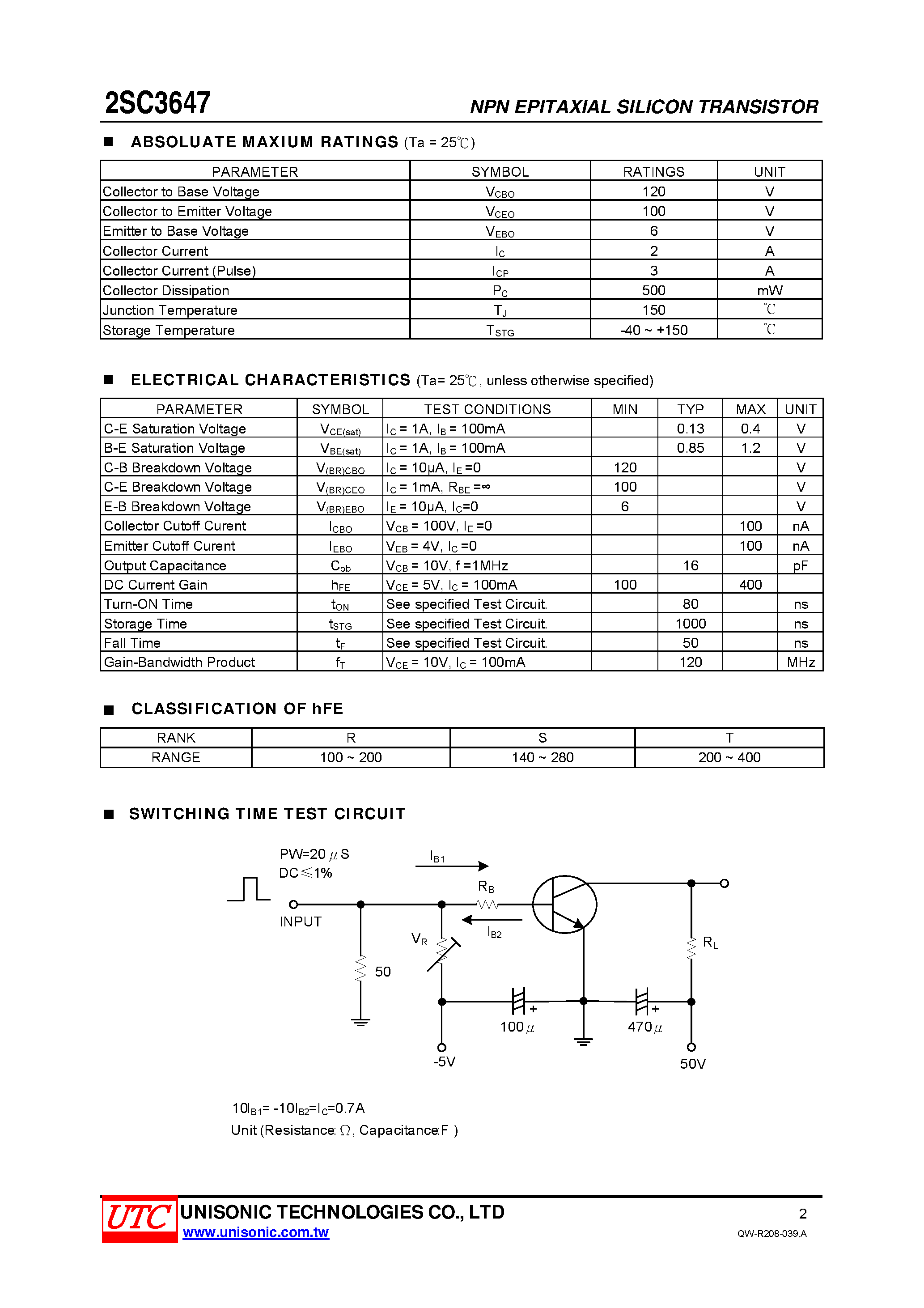 Datasheet 2SC3647 page 2 Datasheet 2SC3647 - HIGH-VOLTAGE SWITCHING APPLICATIONS page 2