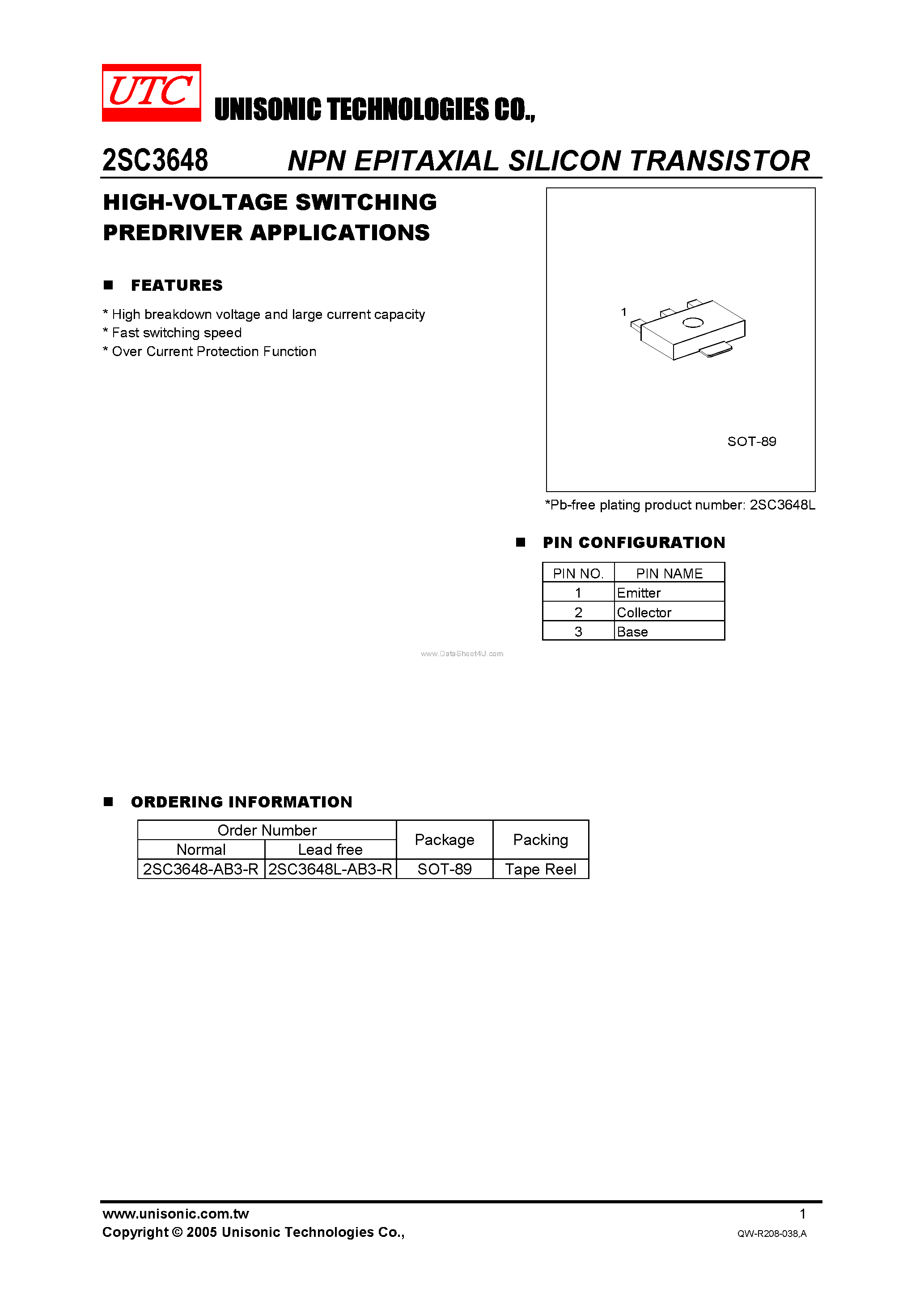 Datasheet 2SC3648 page 1 Datasheet 2SC3648 - HIGH-VOLTAGE SWITCHING PREDRIVER APPLICATIONS page 1