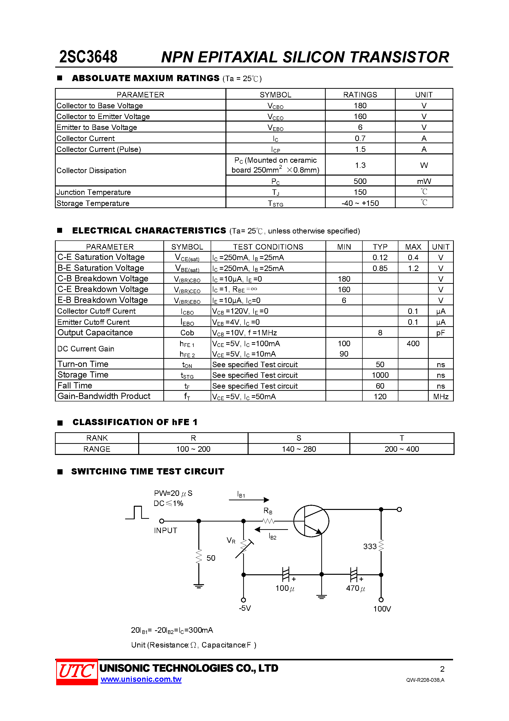 Datasheet 2SC3648 page 2 Datasheet 2SC3648 - HIGH-VOLTAGE SWITCHING PREDRIVER APPLICATIONS page 2