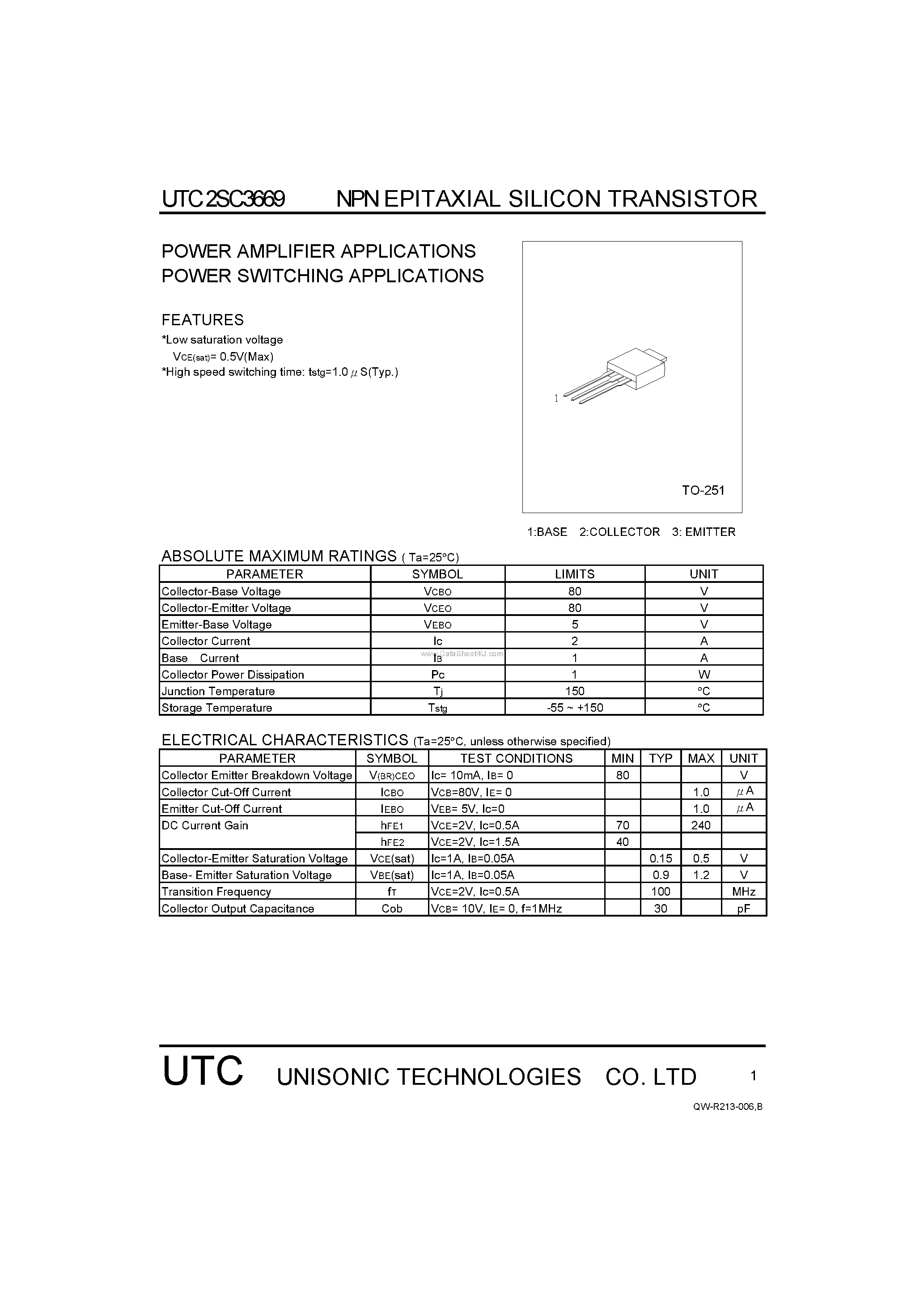 Datasheet 2SC3669 - POWER AMPLIFIER APPLICATIONS POWER SWITCHING APPLICATIONS page 1