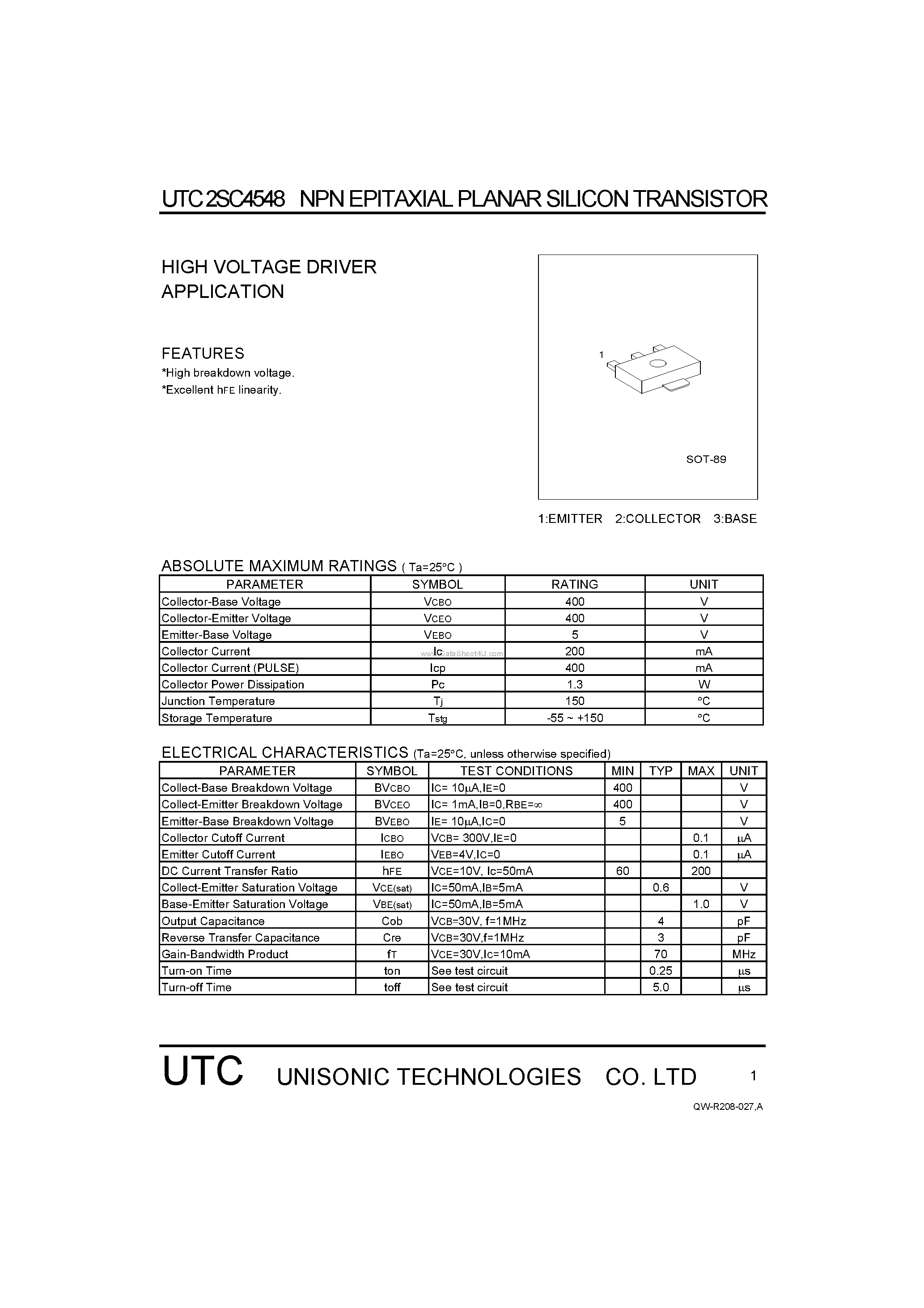 Datasheet 2SC4548 page 1 Datasheet 2SC4548 - HIGH VOLTAGE DRIVER APPLICATION page 1