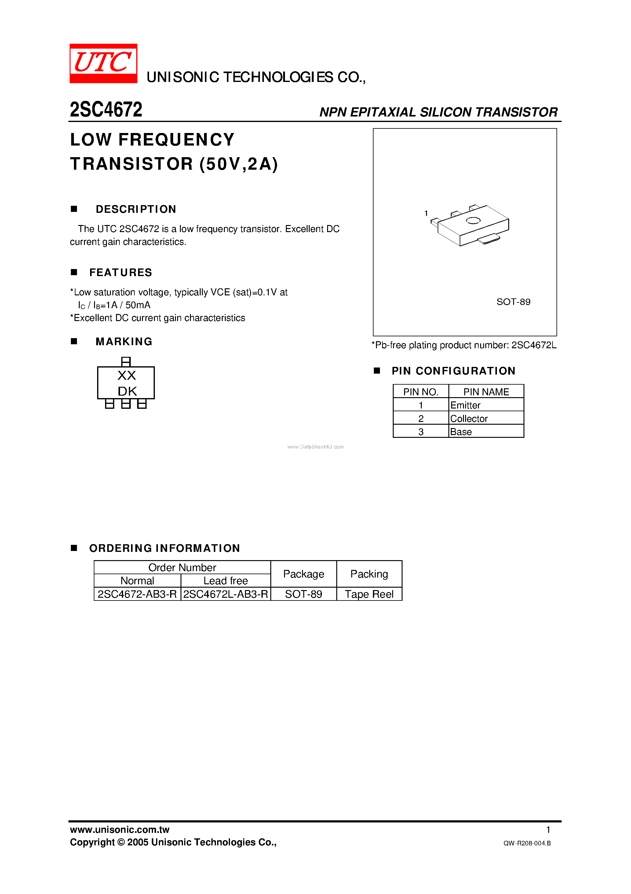 Datasheet 2SC4672 page 1 Datasheet 2SC4672 - LOW FREQUENCY TRANSISTOR page 1