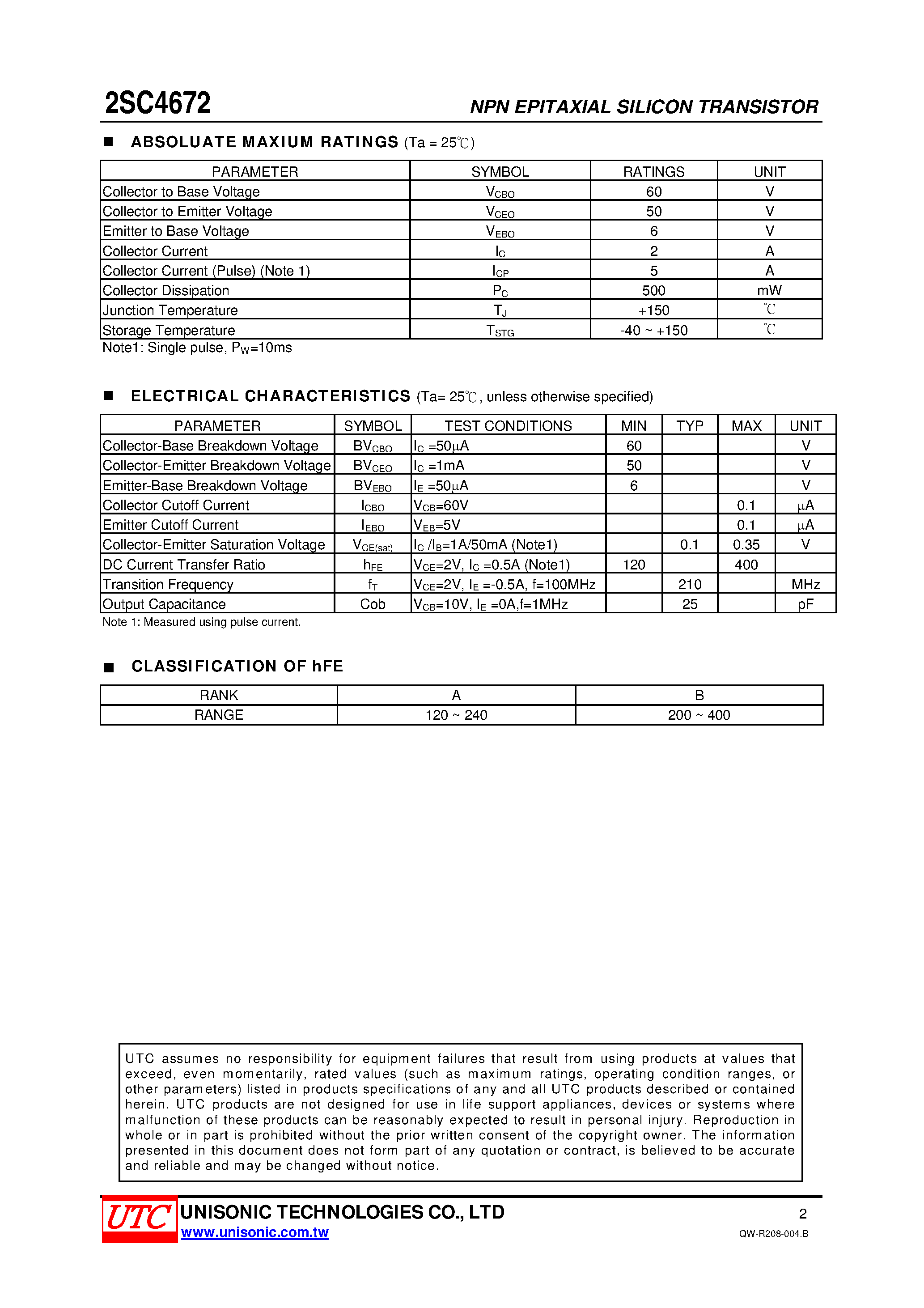 Datasheet 2SC4672 page 2 Datasheet 2SC4672 - LOW FREQUENCY TRANSISTOR page 2