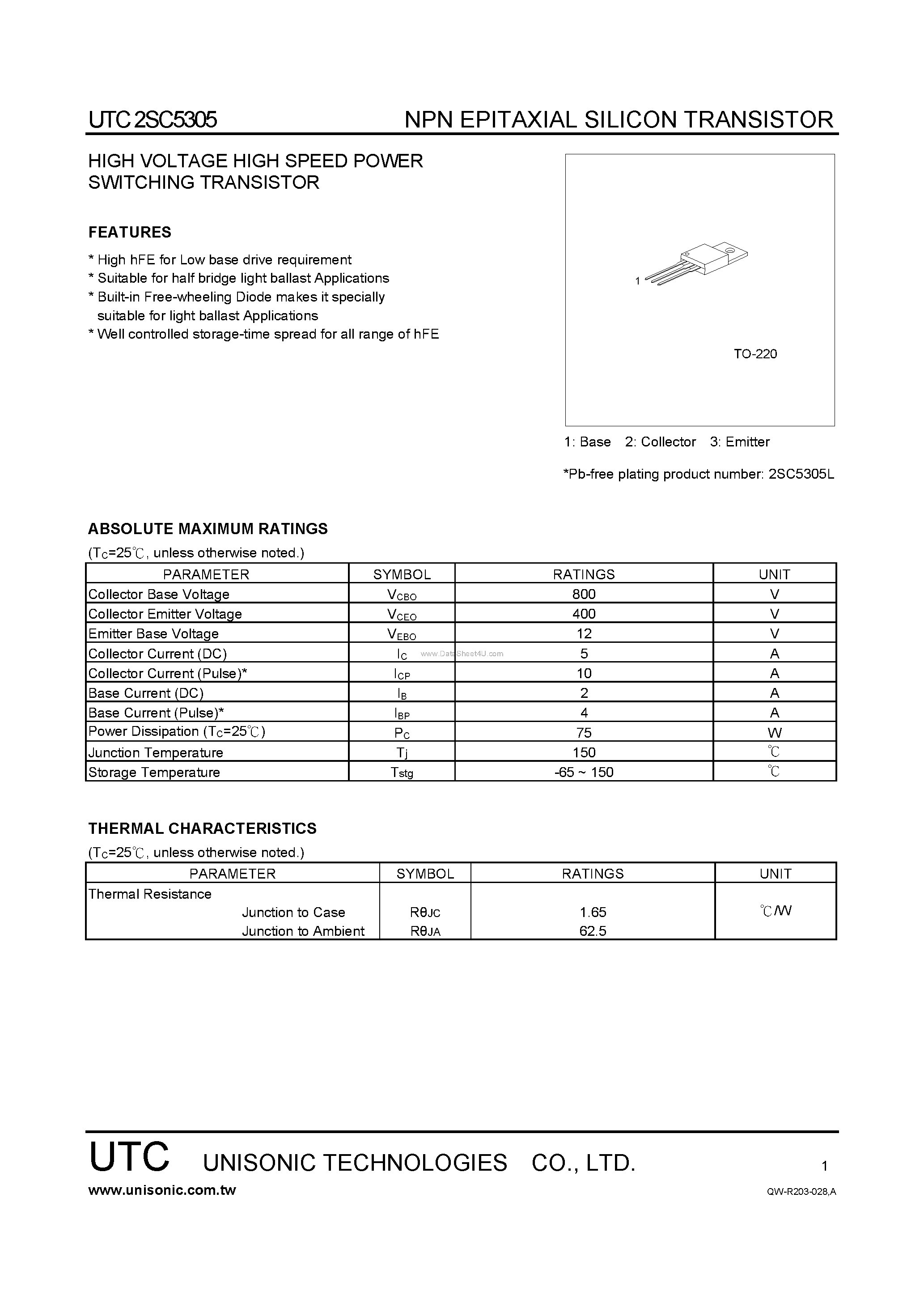 Даташит 2SC5305 - HIGH VOLTAGE HIGH SPEED POWER SWITCHING TRANSISTOR страница 1