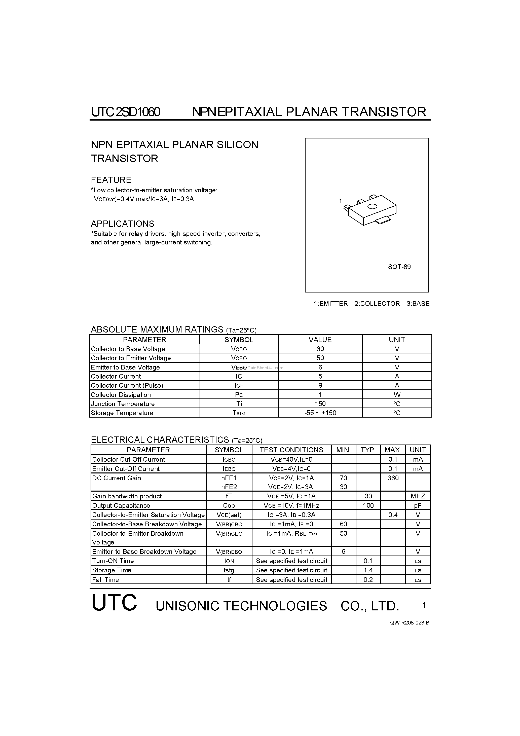 Datasheet 2SD1060 - NPN EPITAXIAL PLANAR SILICON TRANSISTOR page 1