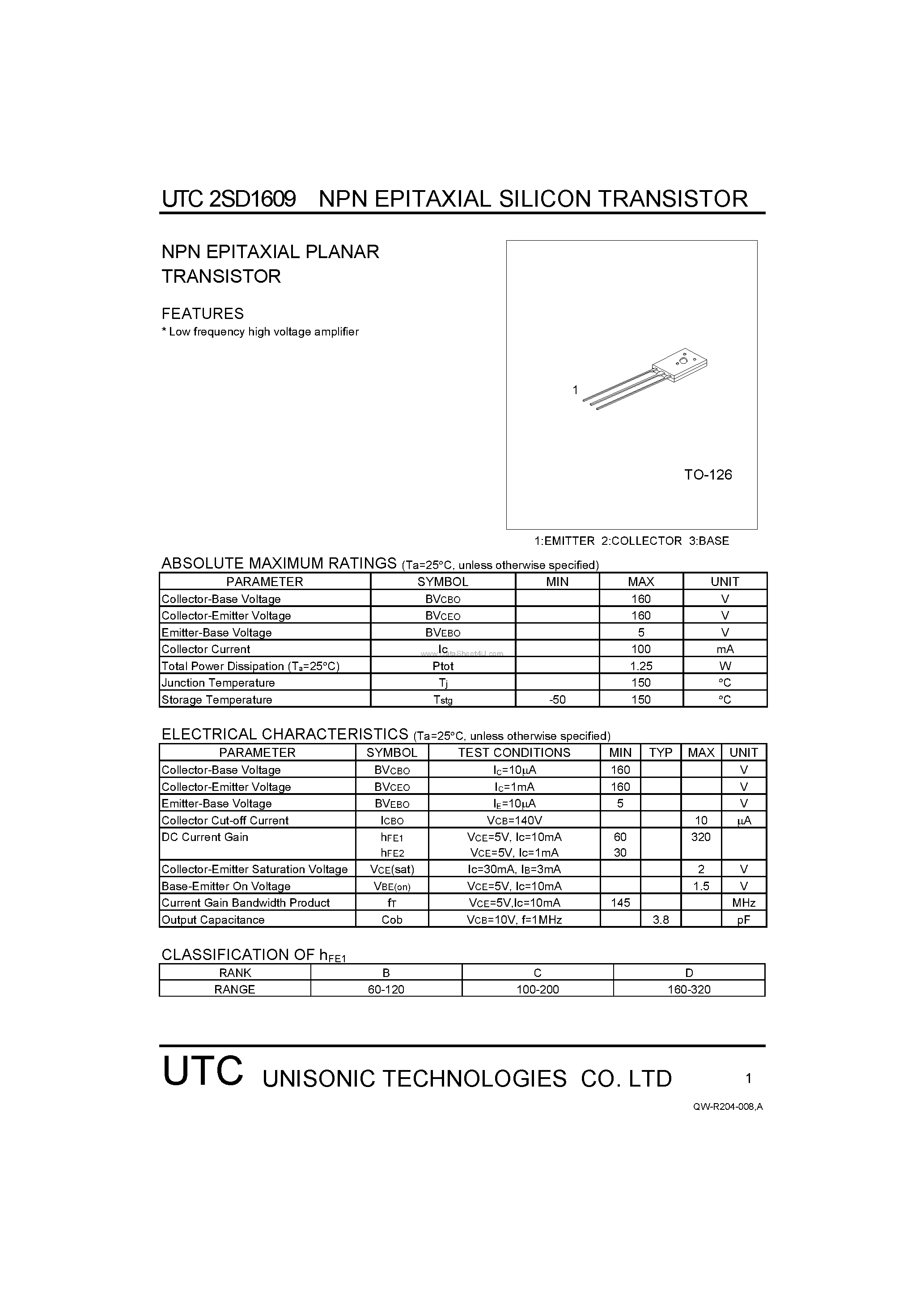 Datasheet 2SD1609 page 1 Datasheet 2SD1609 - NPN EPITAXIAL PLANAR TRANSISTOR page 1