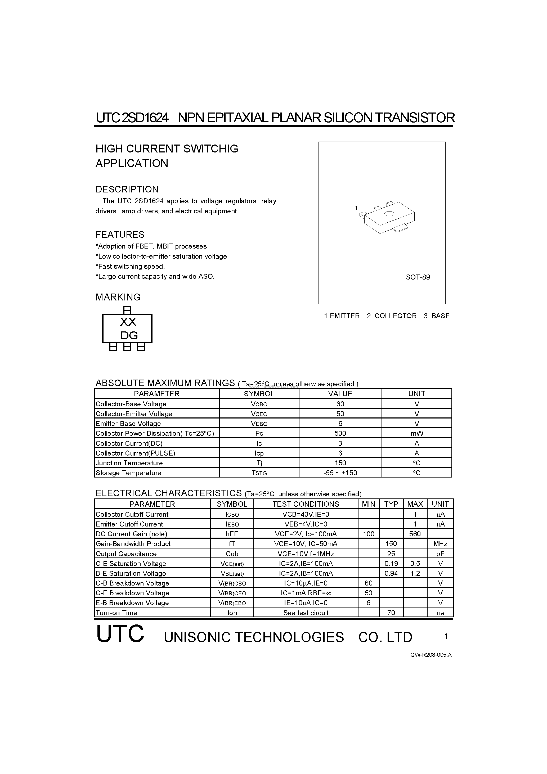 Datasheet 2SD1624 - HIGH CURRENT SWITCHIG APPLICATION page 1