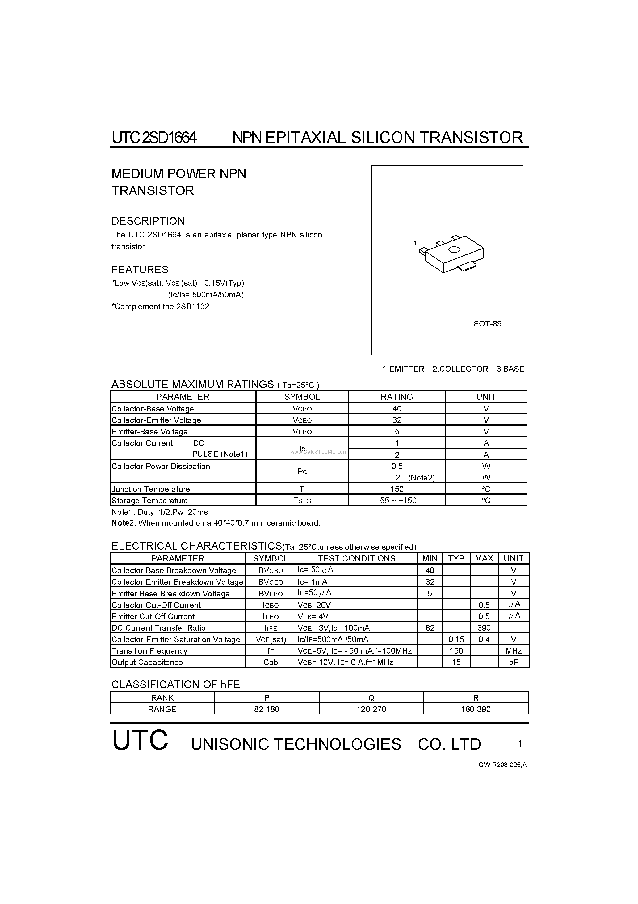 Datasheet 2SD1664 - MEDIUM POWER NPN TRANSISTOR page 1
