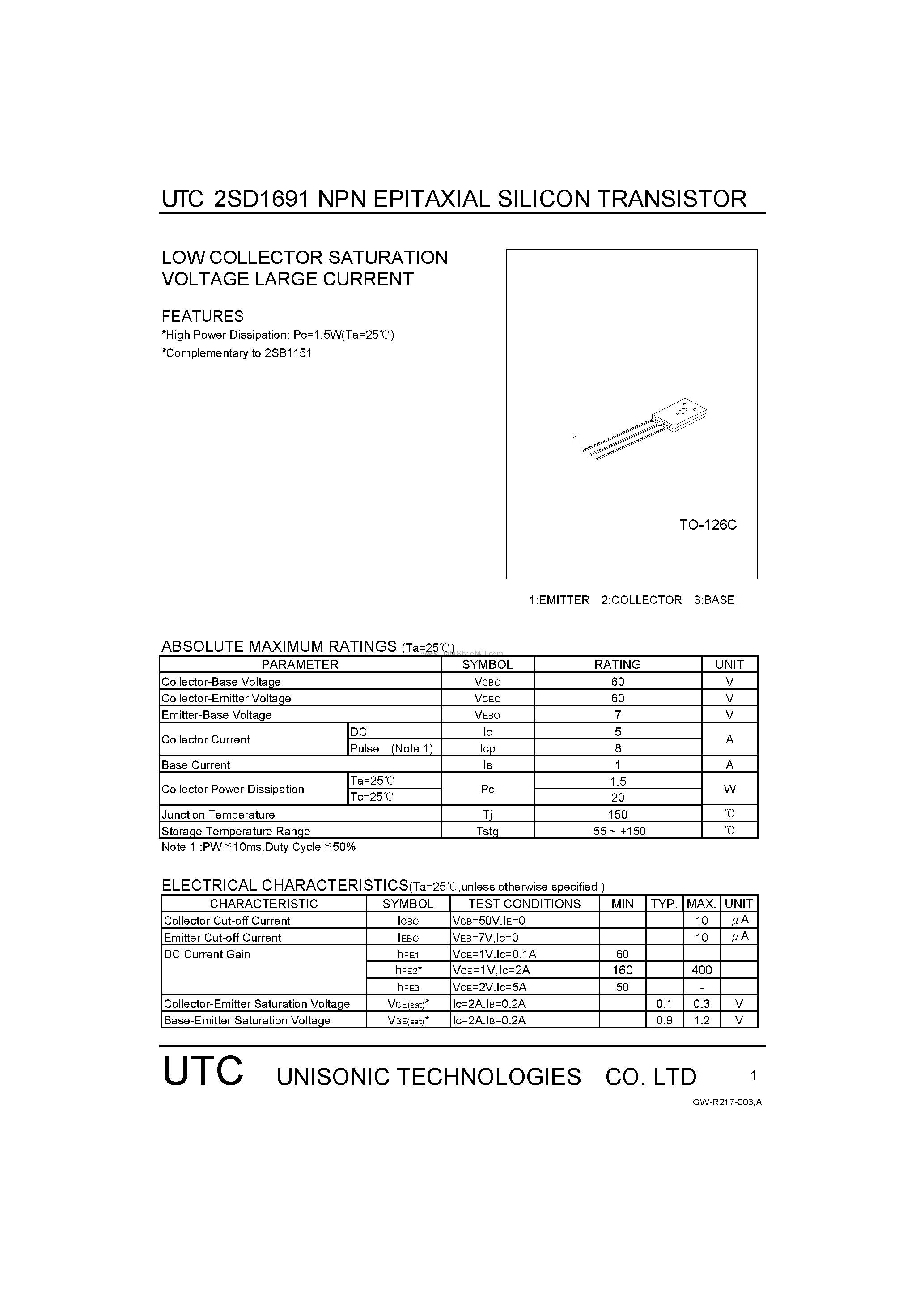 Datasheet 2SD1691 - LOW COLLECTOR SATURATION VOLTAGE LARGE CURRENT page 1