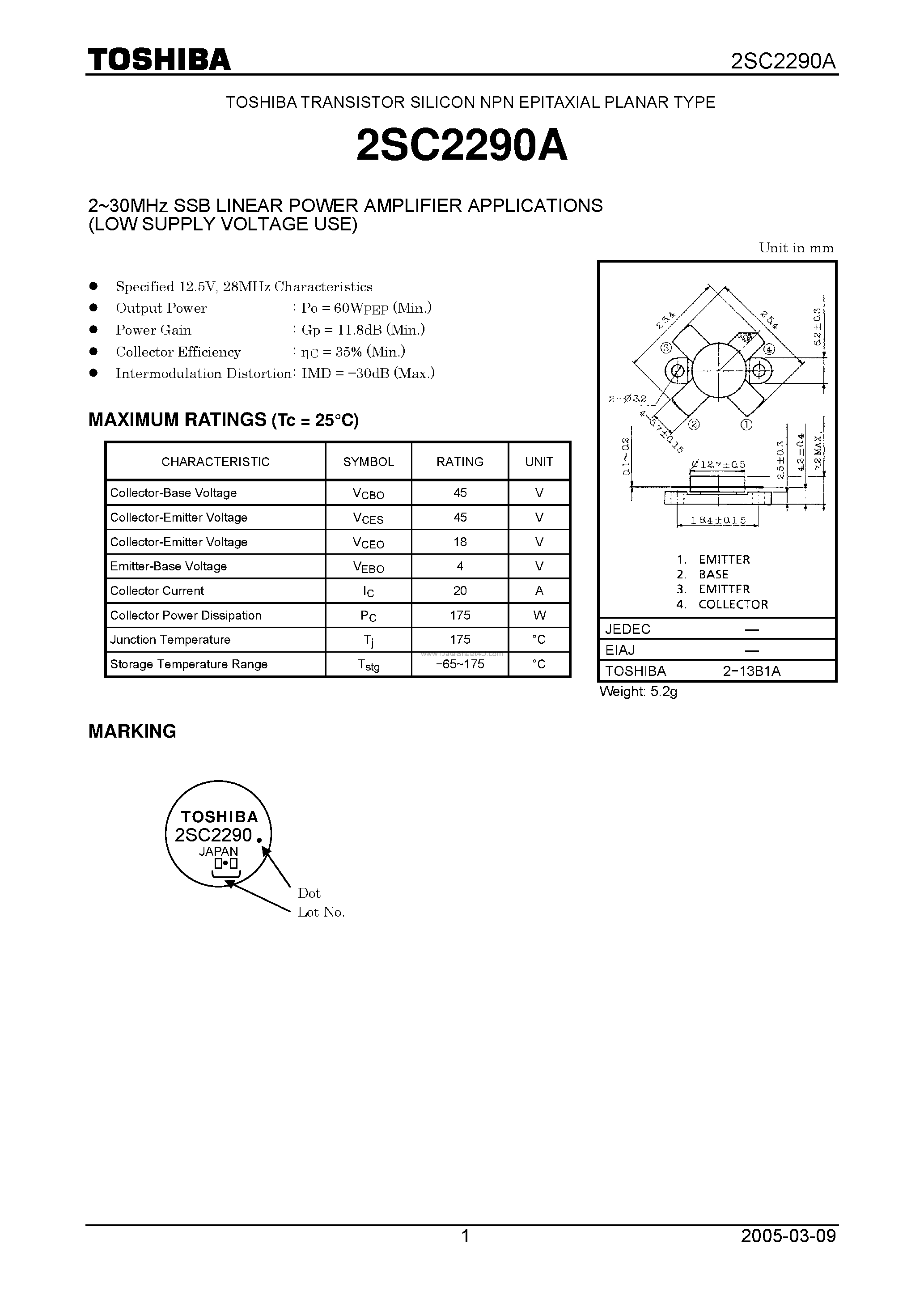 Даташит 2SC2290A - SSB LINEAR POWER AMPLIFIER APPLICATIONS страница 1