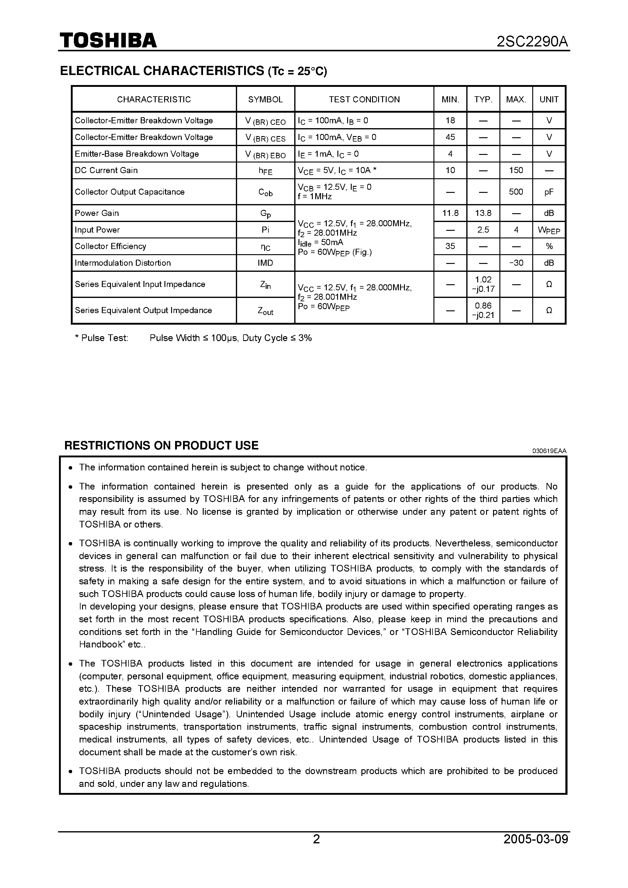 Даташит 2SC2290A - SSB LINEAR POWER AMPLIFIER APPLICATIONS страница 2