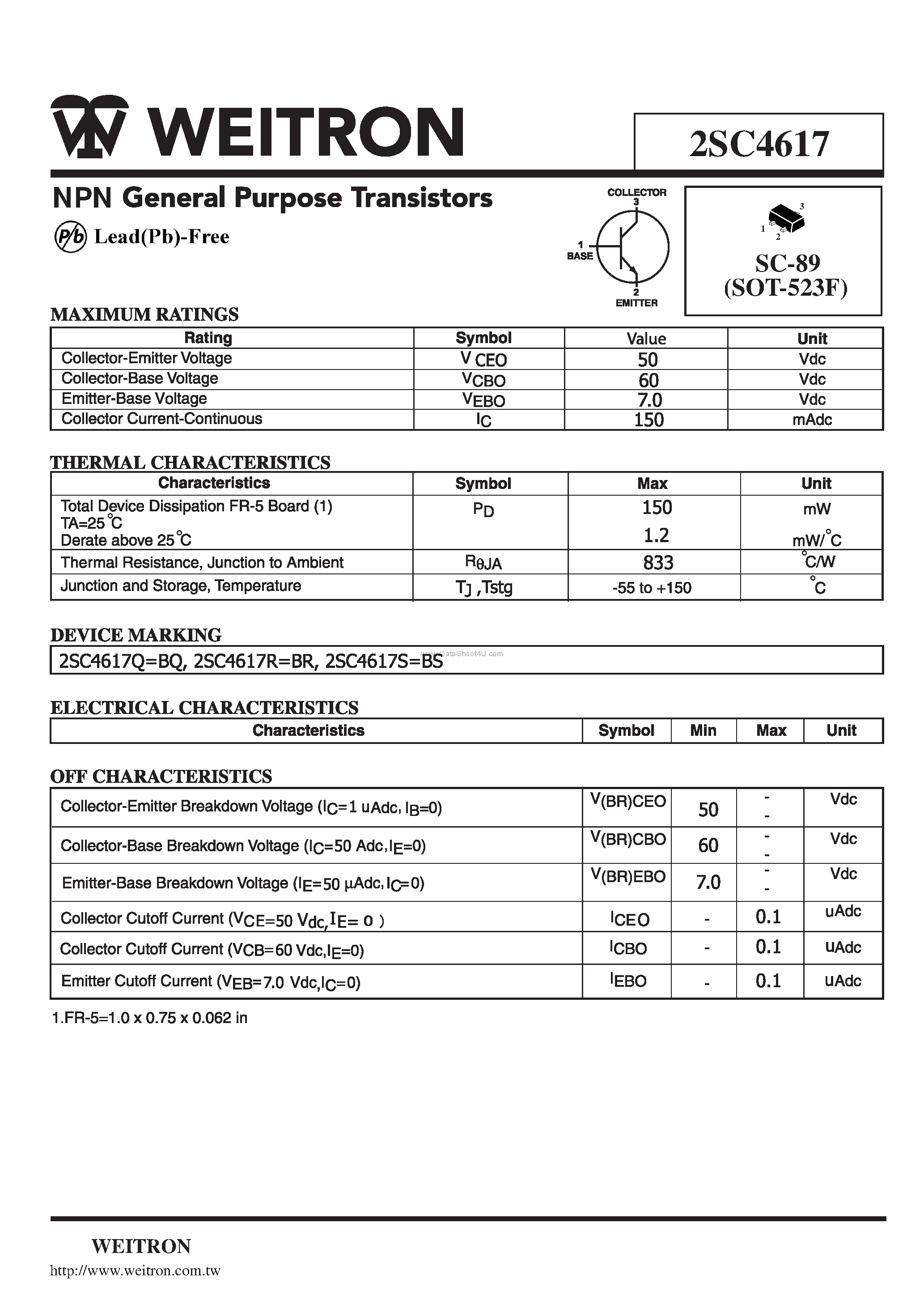 Datasheet 2SC4617 page 1 Datasheet 2SC4617 - NPN General Purpose Transistors page 1