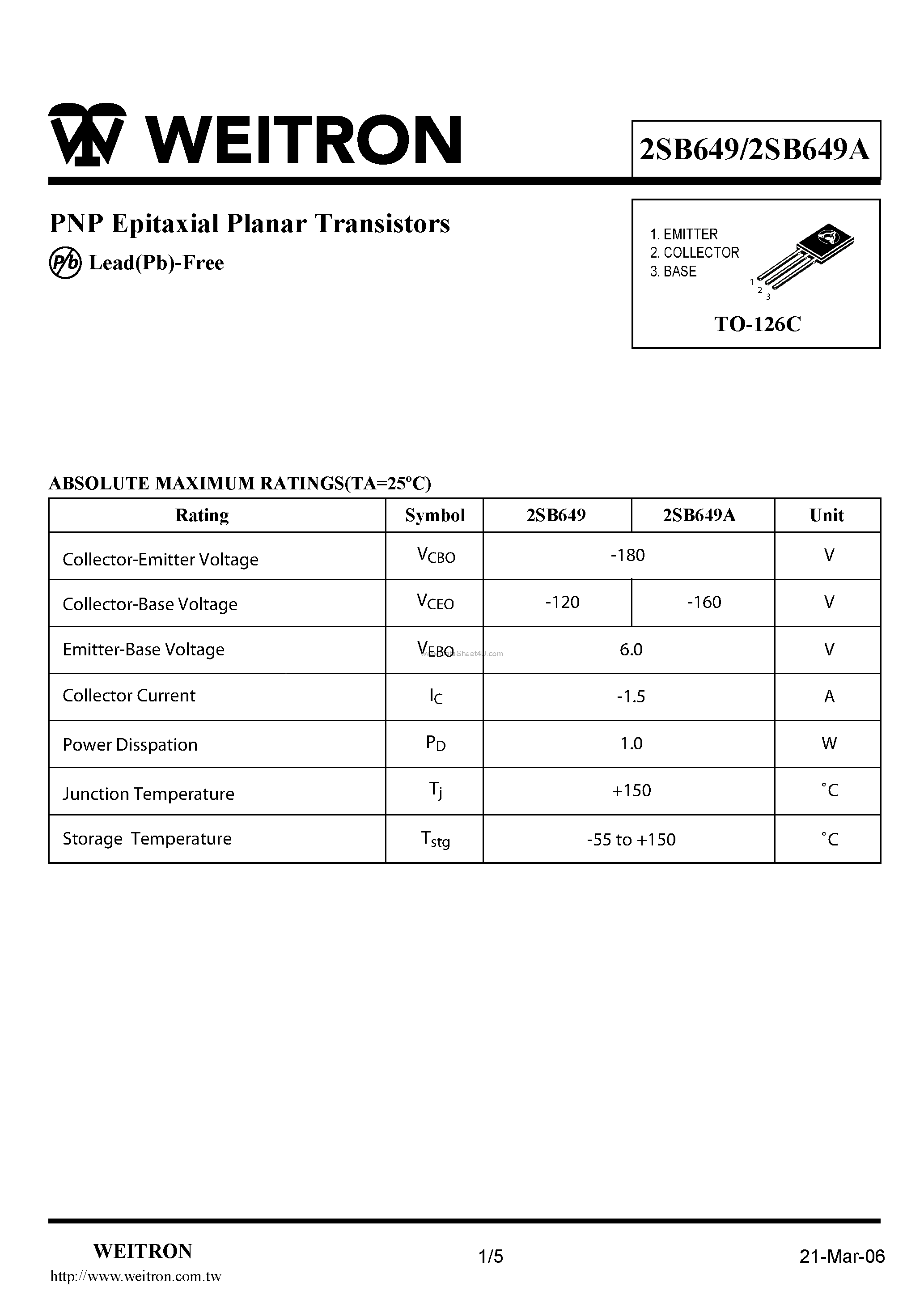 Даташит 2SB649 - PNP Epitaxial Planar Transistors страница 1