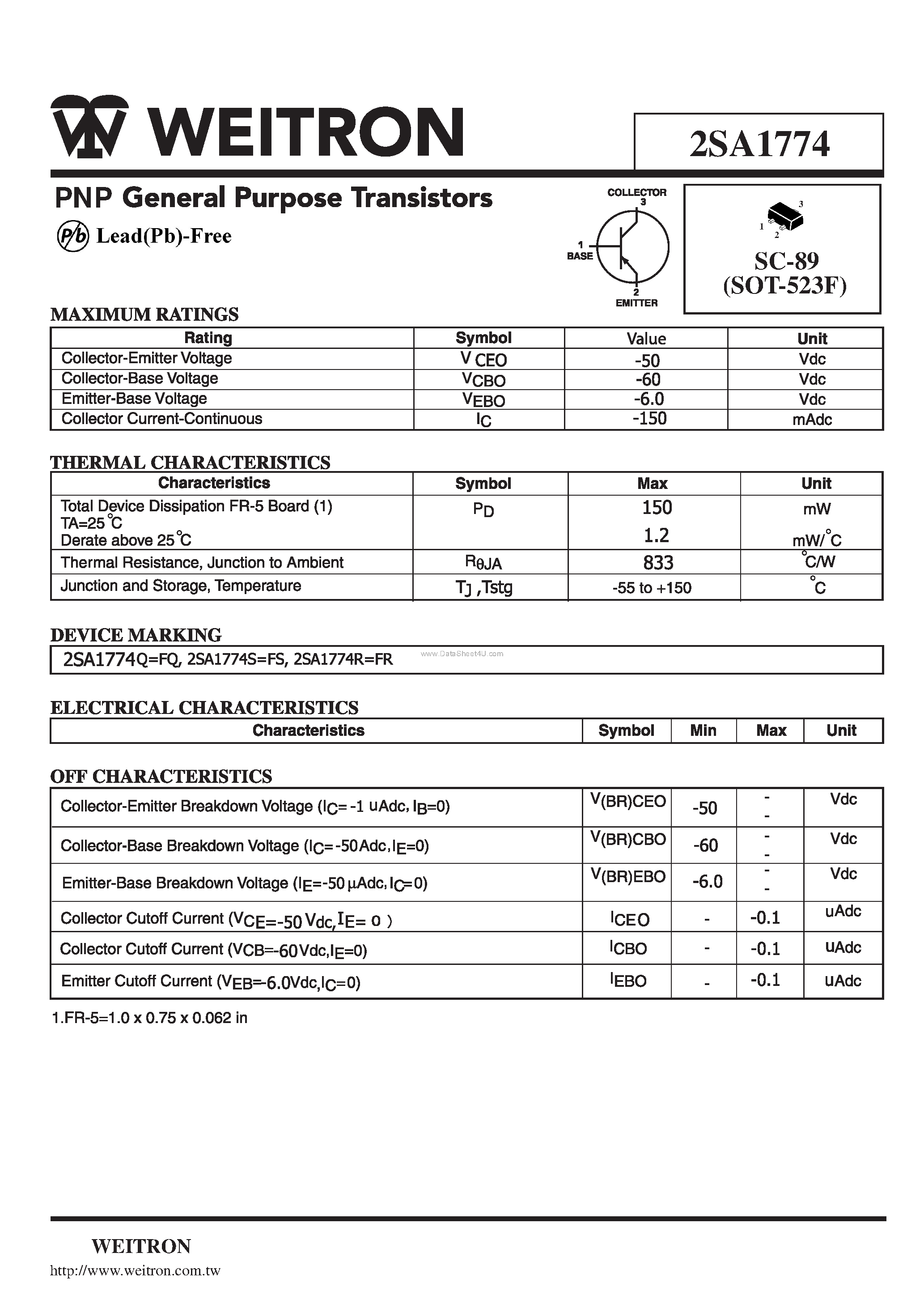 Datasheet 2SA1774 page 1 Datasheet 2SA1774 - PNP General Purpose Transistors page 1