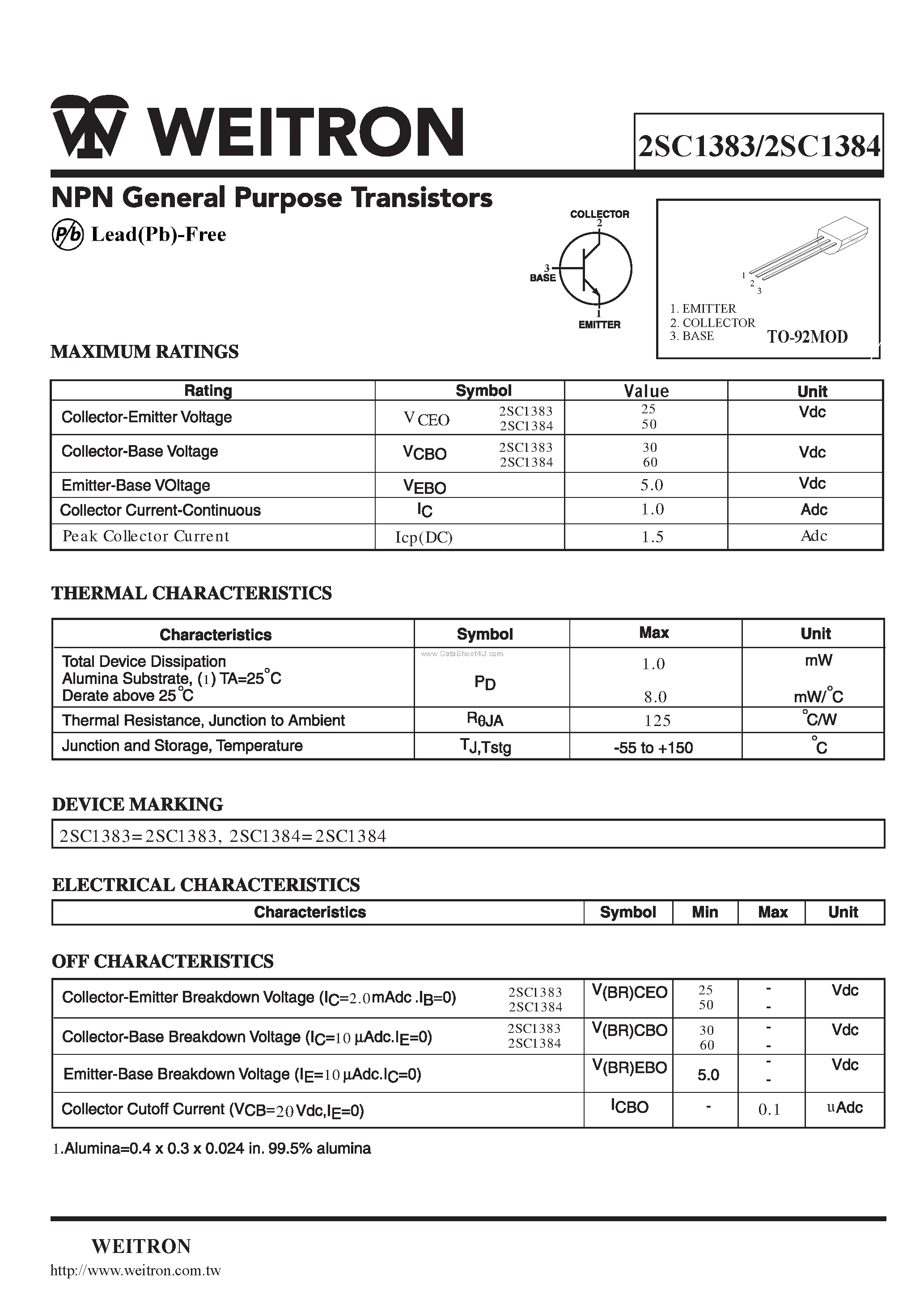 Datasheet 2SC1383 - (2SC1383 / 2SC1384) NPN General Purpose Transistors page 1