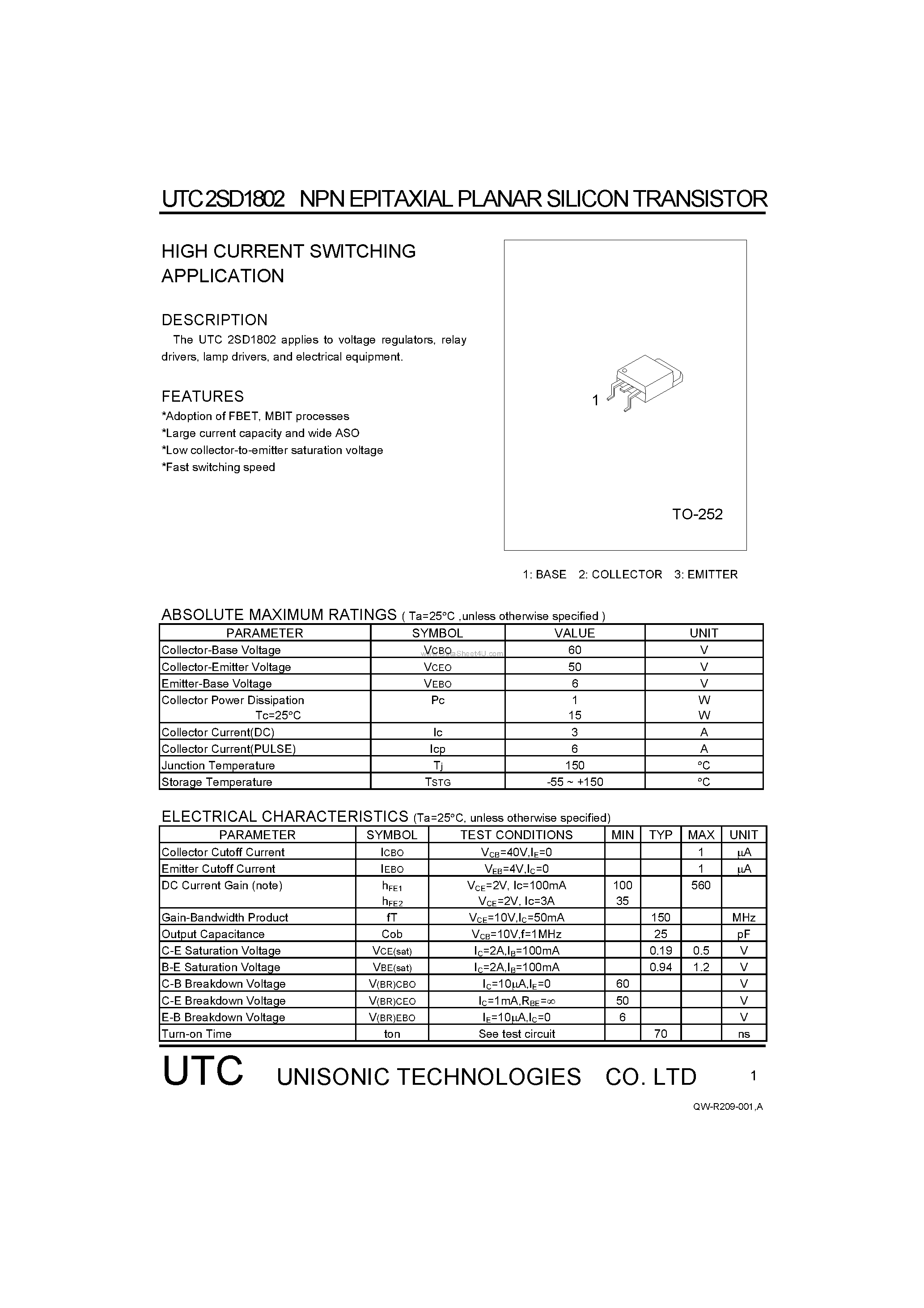 Datasheet 2SD1802 page 1 Datasheet 2SD1802 - HIGH CURRENT SWITCHING APPLICATION page 1