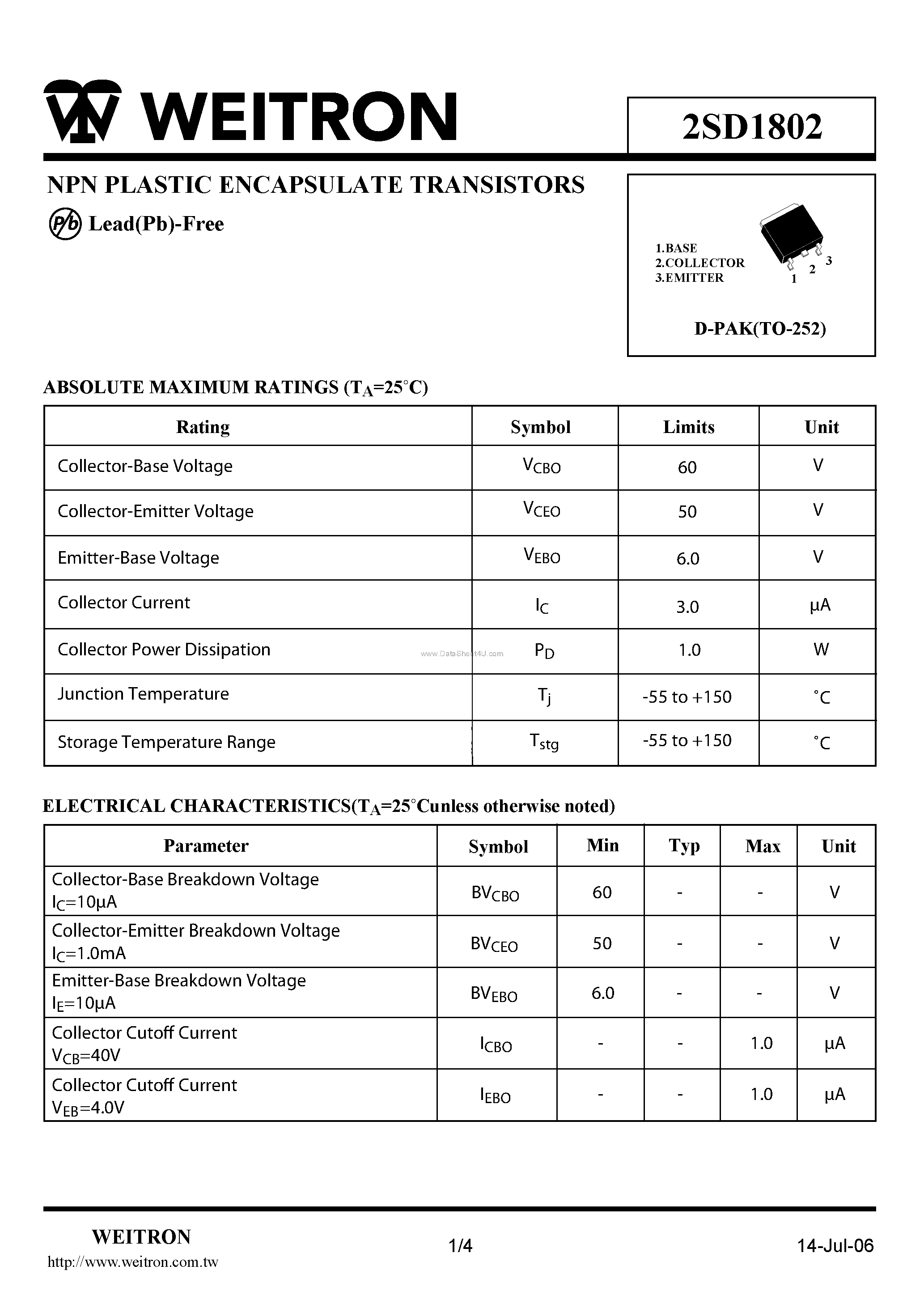 Datasheet 2SD1802 - NPN PLASTIC ENCAPSULATE TRANSISTORS page 1