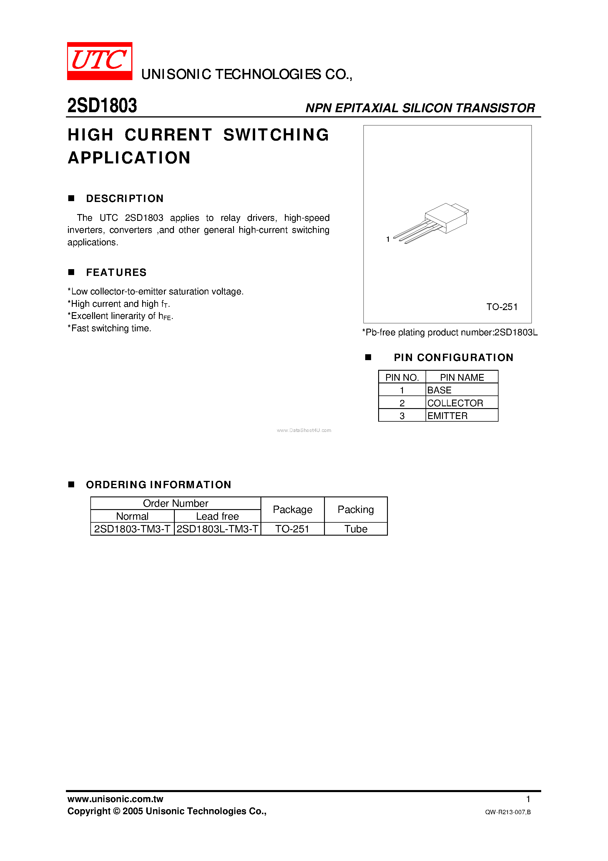 Datasheet 2SD1803 - HIGH CURRENT SWITCHING APPLICATION page 1
