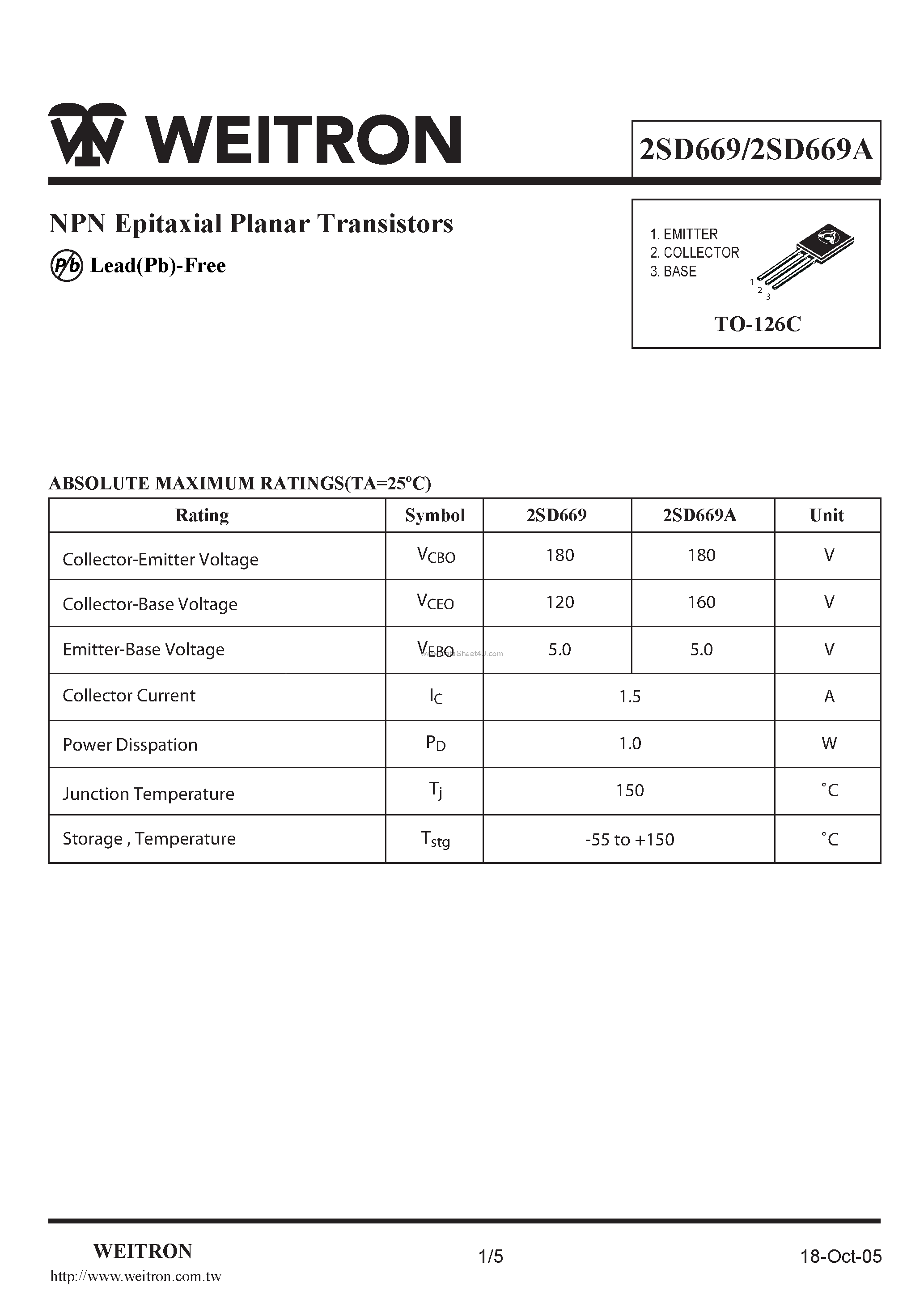Даташит 2SD669 - NPN Epitaxial Planar Transistors страница 1