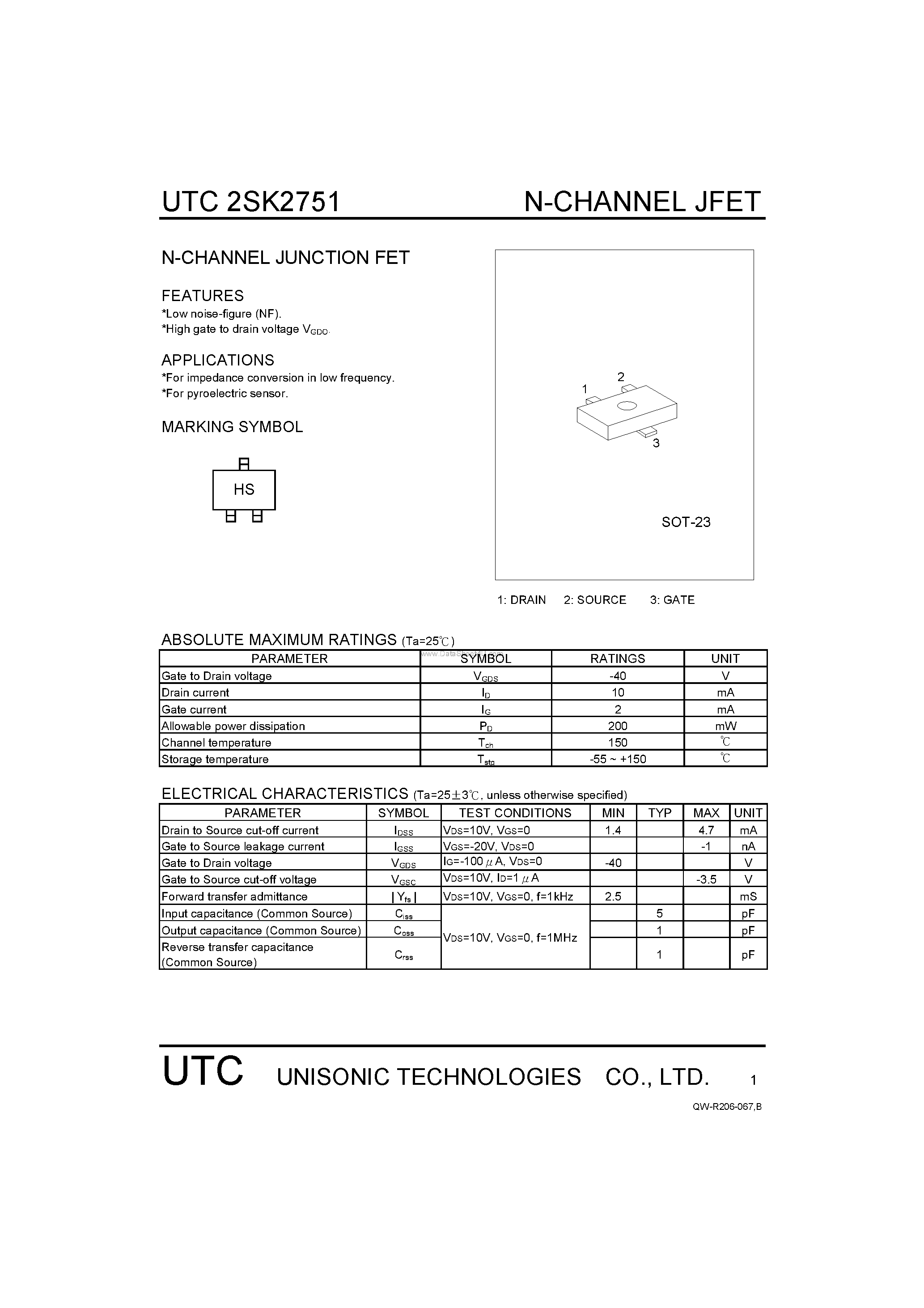 Datasheet 2SK2751 page 1 Datasheet 2SK2751 - N-CHANNEL JUNCTION FET page 1