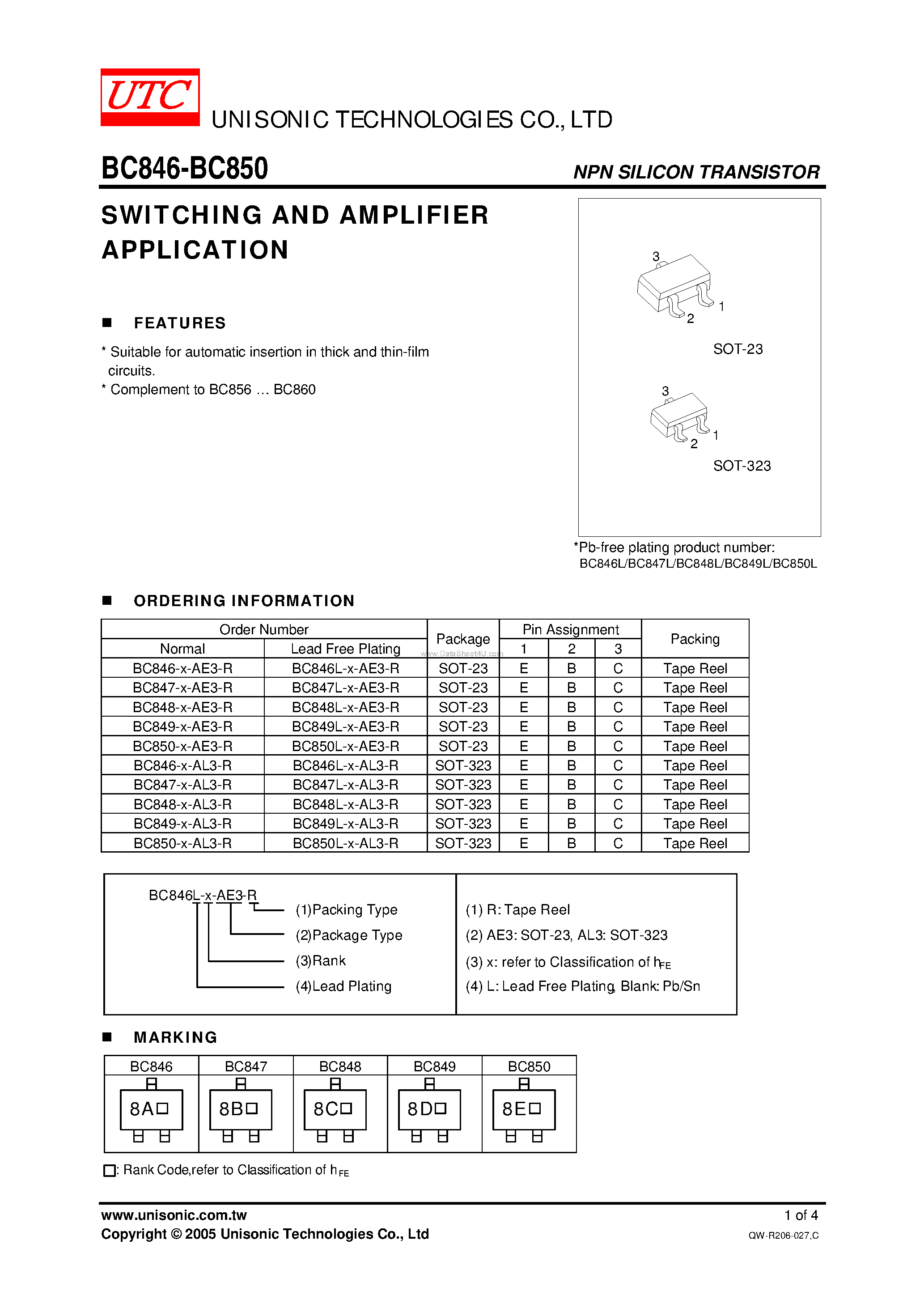 Даташит на микросхему BC846 страница 1 Даташит BC846 - (BC846 - BC850) SWITCHING AND AMPLIFIER APPLICATION страница 1
