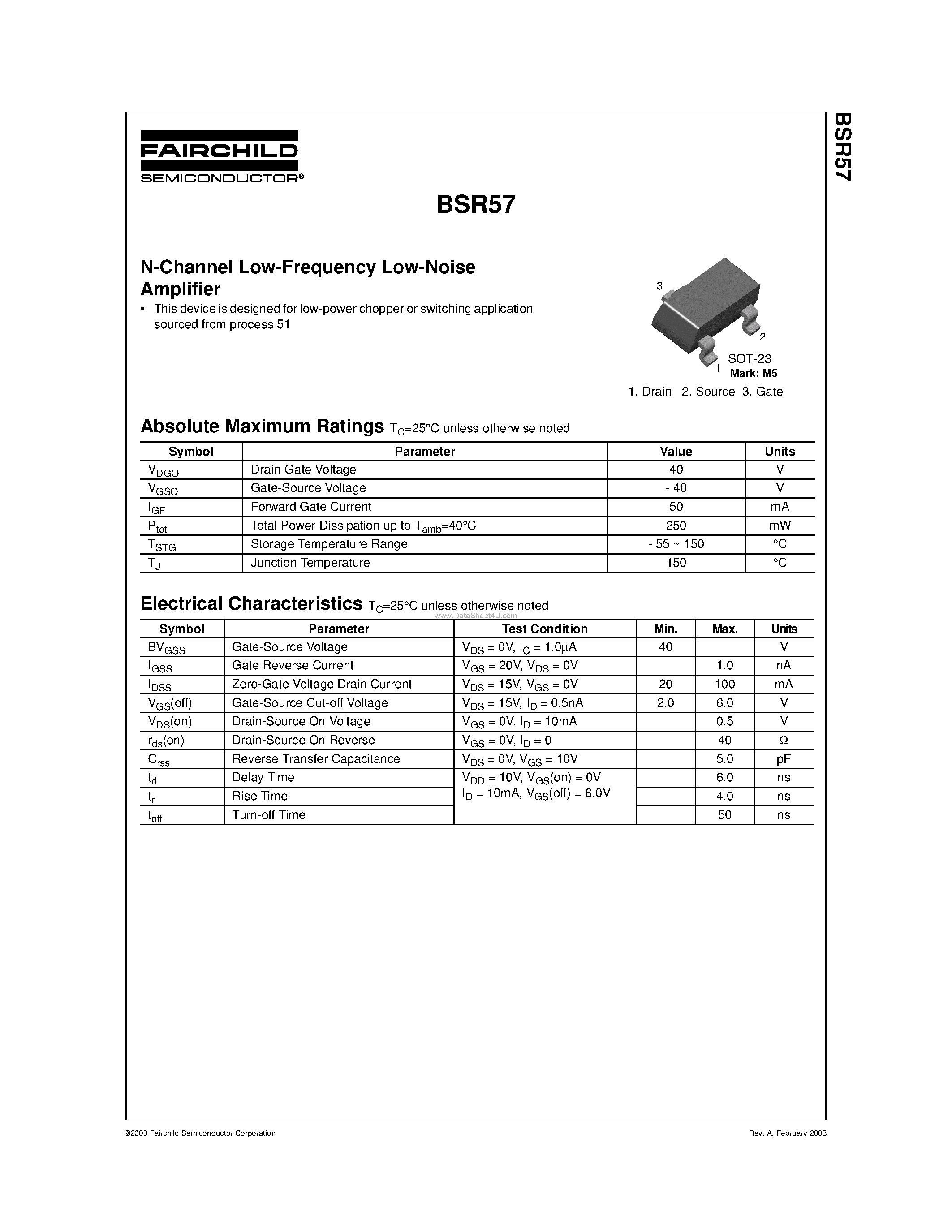 Datasheet BSR57 - N-Channel Low-Frequency Low-Noise Amplifier page 1