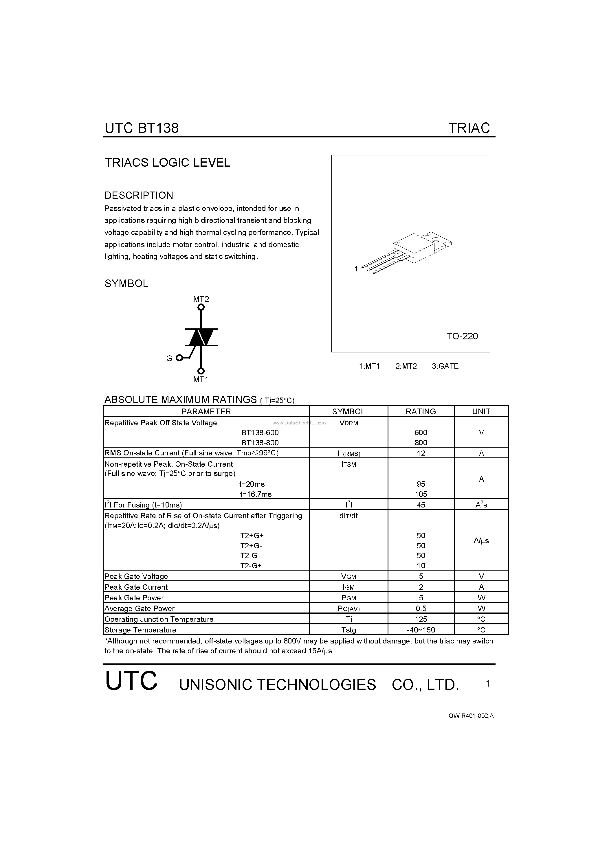 Datasheet BT138 - TRIACS LOGIC LEVEL page 1