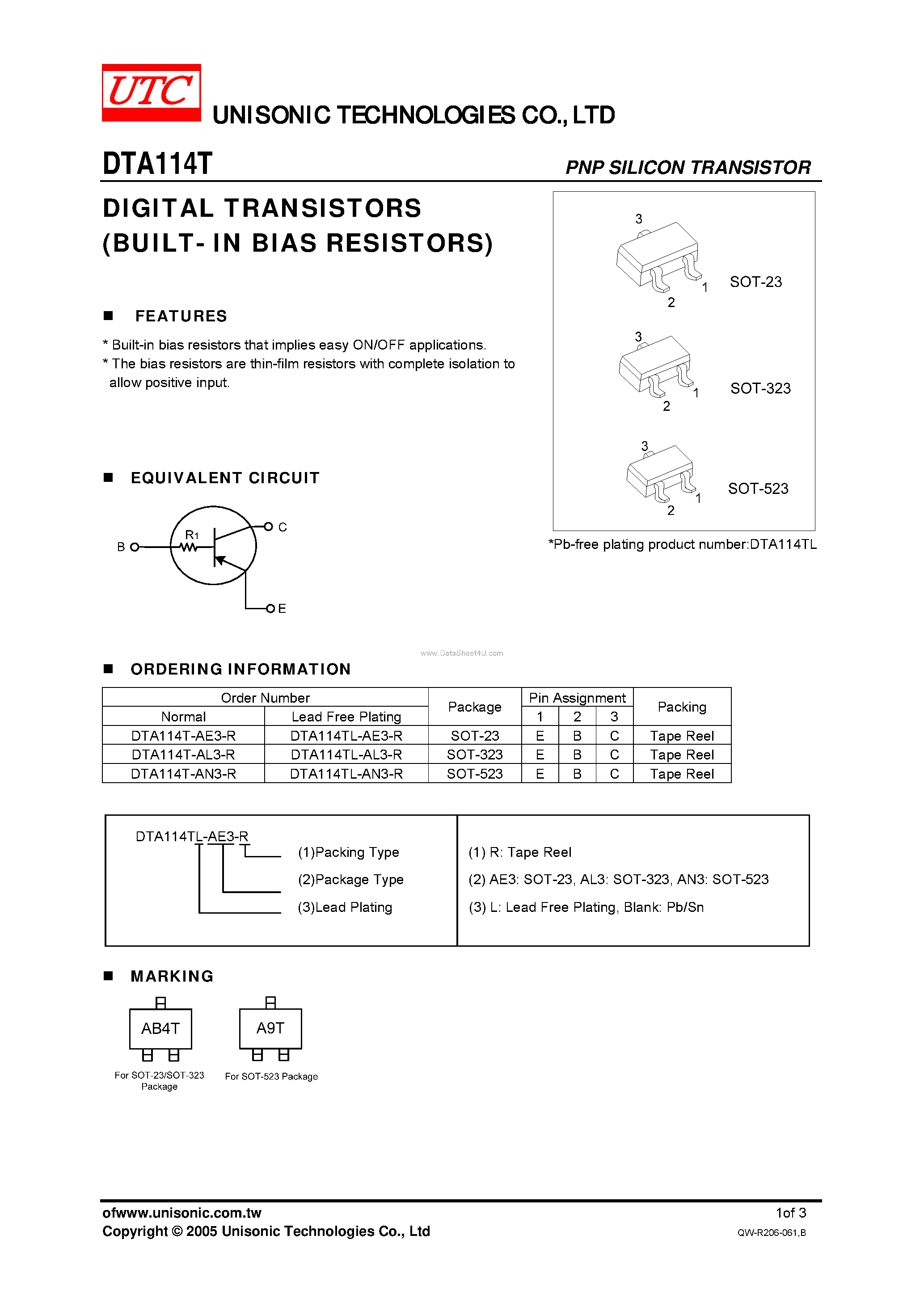 Даташит DTA114T - DIGITAL TRANSISTORS страница 1